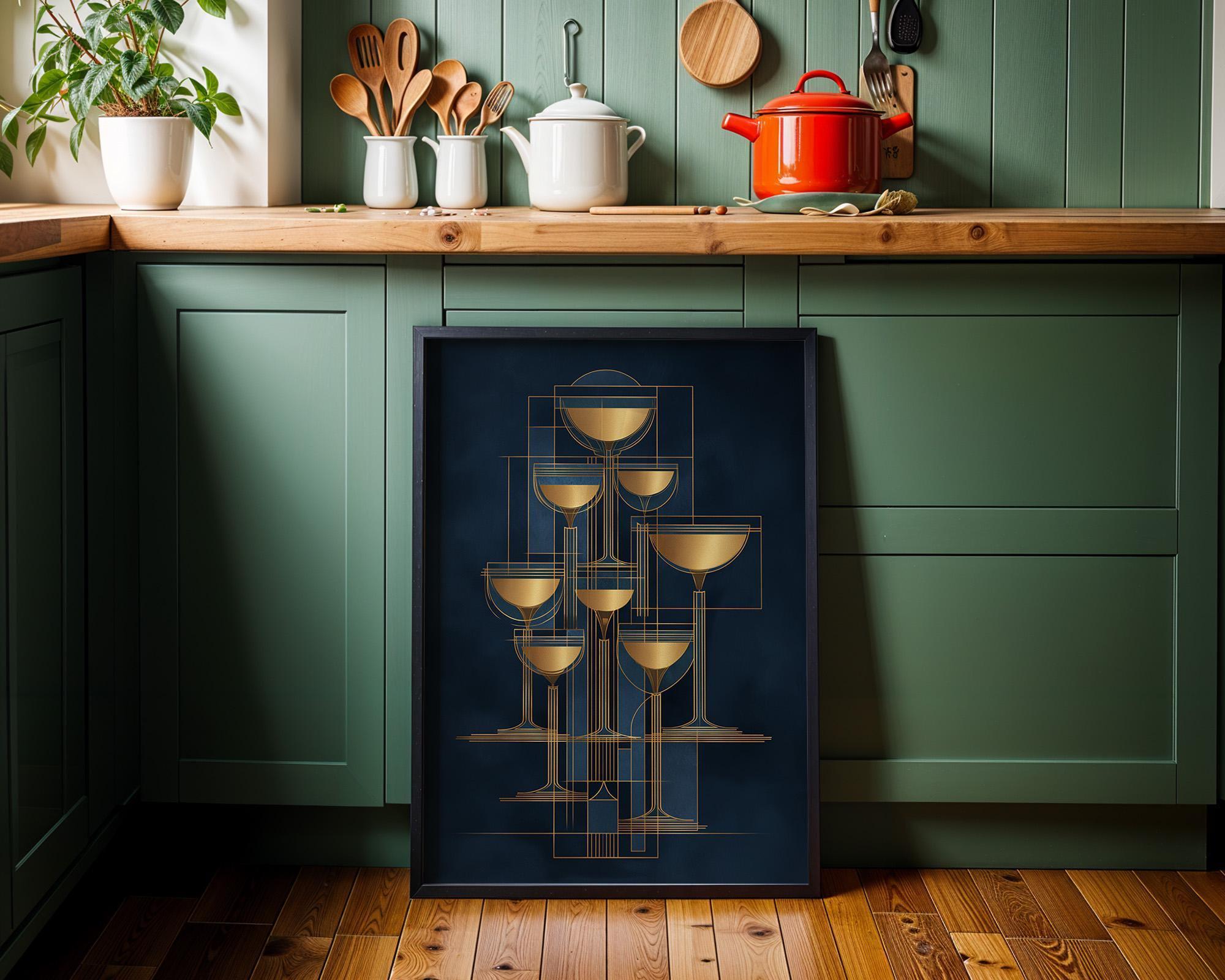 Art Deco Cocktail Wall Art Print, Minimalist Martini Illustration, Blue and Gold Bar Décor
