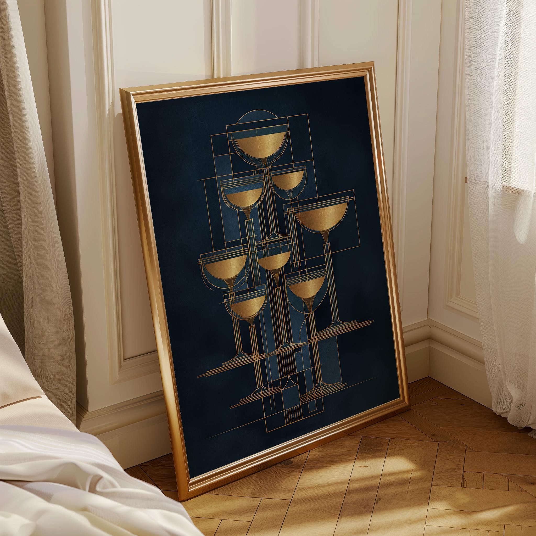 Art Deco Cocktail Wall Art Print, Minimalist Martini Illustration, Blue and Gold Bar Décor