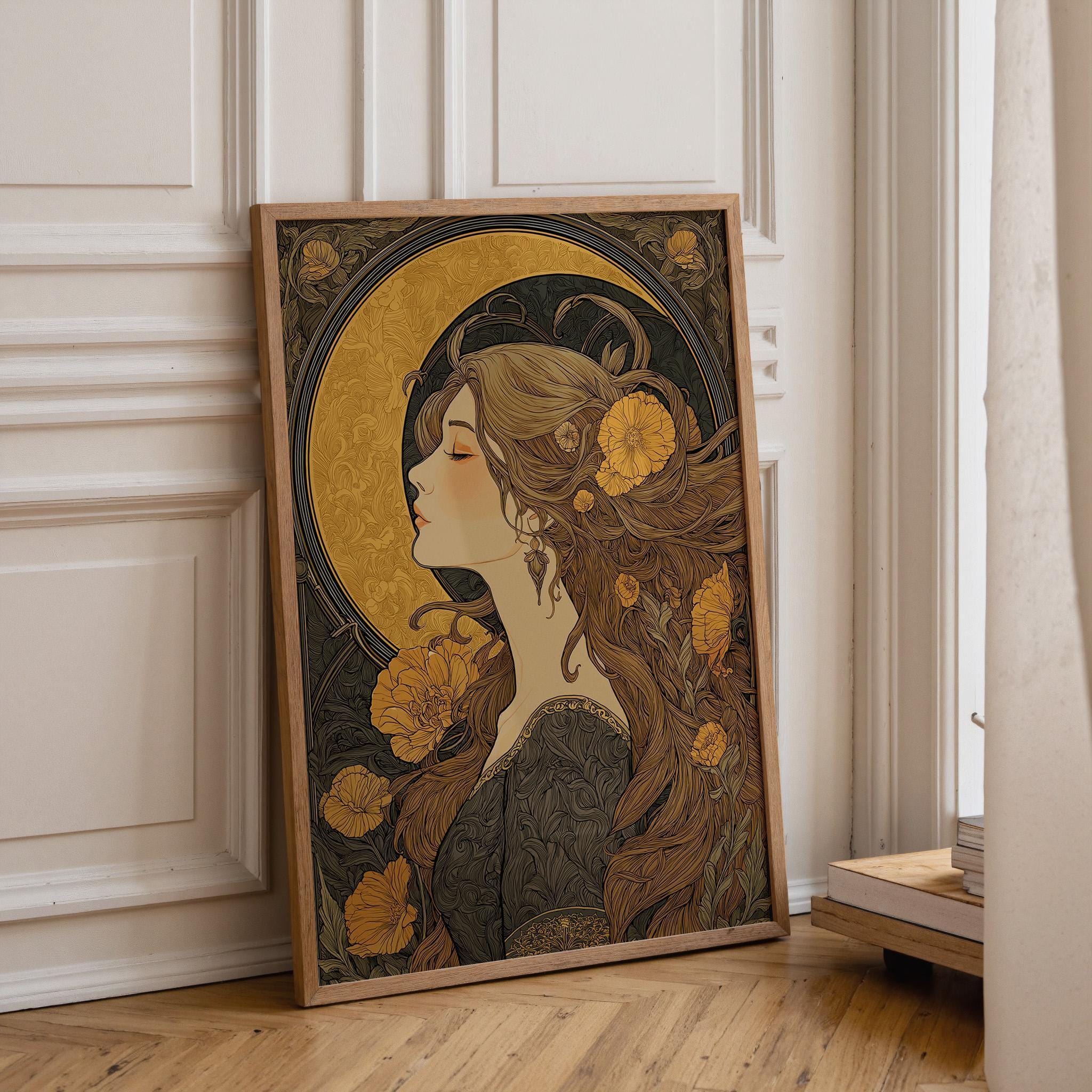 Art Nouveau Woman Celestial Gold Floral Wall Art by The Wall Art Studio