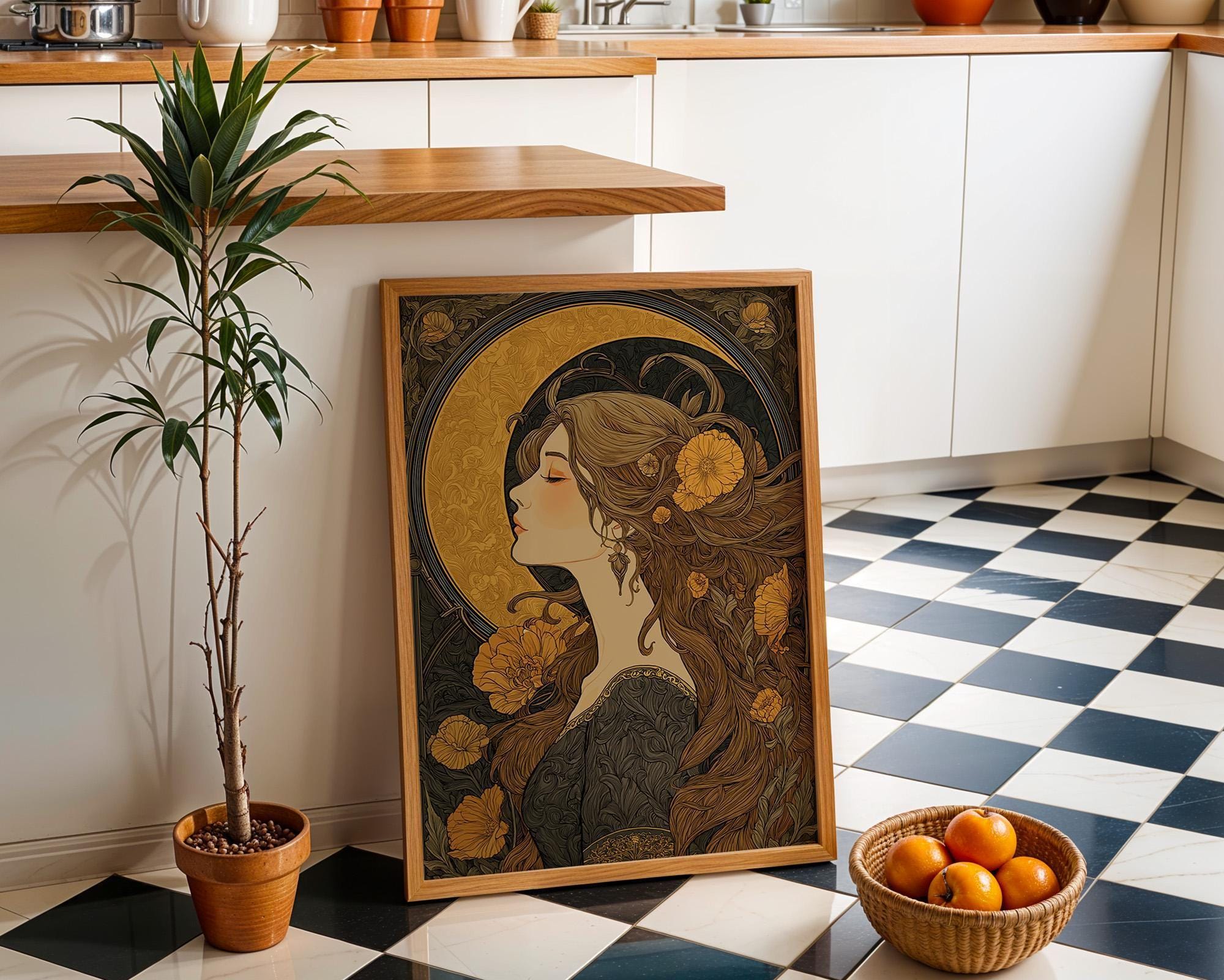 Art Nouveau Woman Celestial Gold Floral Wall Art by The Wall Art Studio
