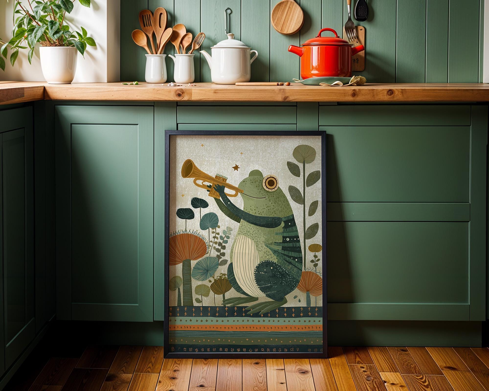 Whimsical Frog Music Kids Nursery Animal Playing Trumpet Wall Art by The Wall Art Studio