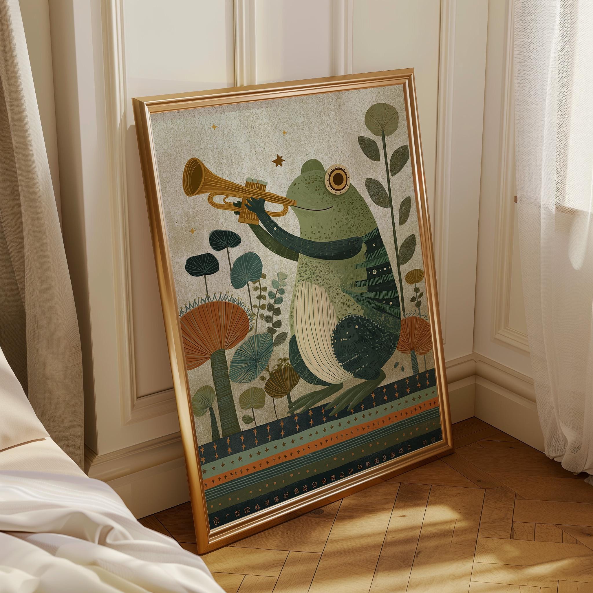 Whimsical Frog Music Kids Nursery Animal Playing Trumpet Wall Art by The Wall Art Studio