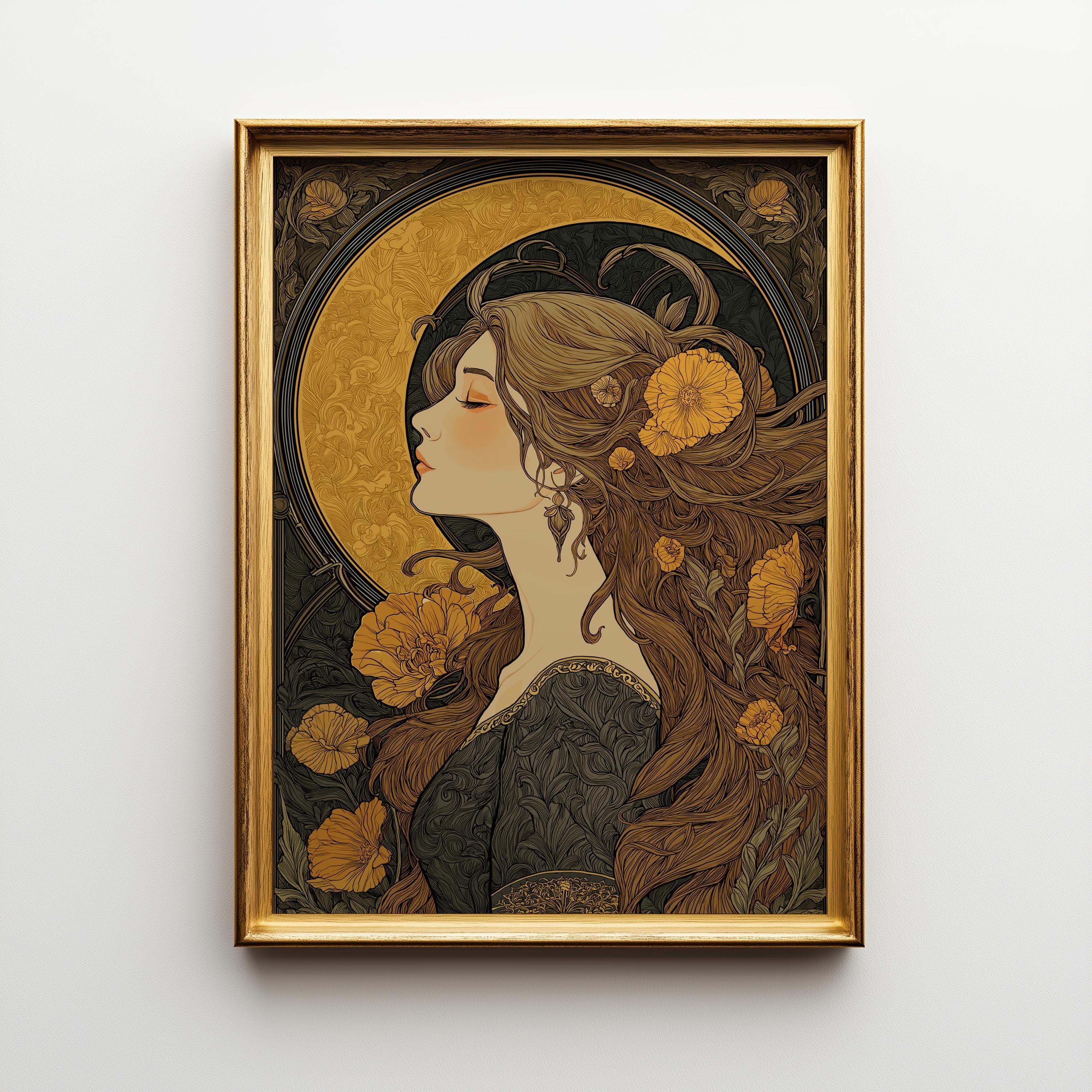 Art Nouveau Woman Celestial Gold Floral Wall Art by The Wall Art Studio