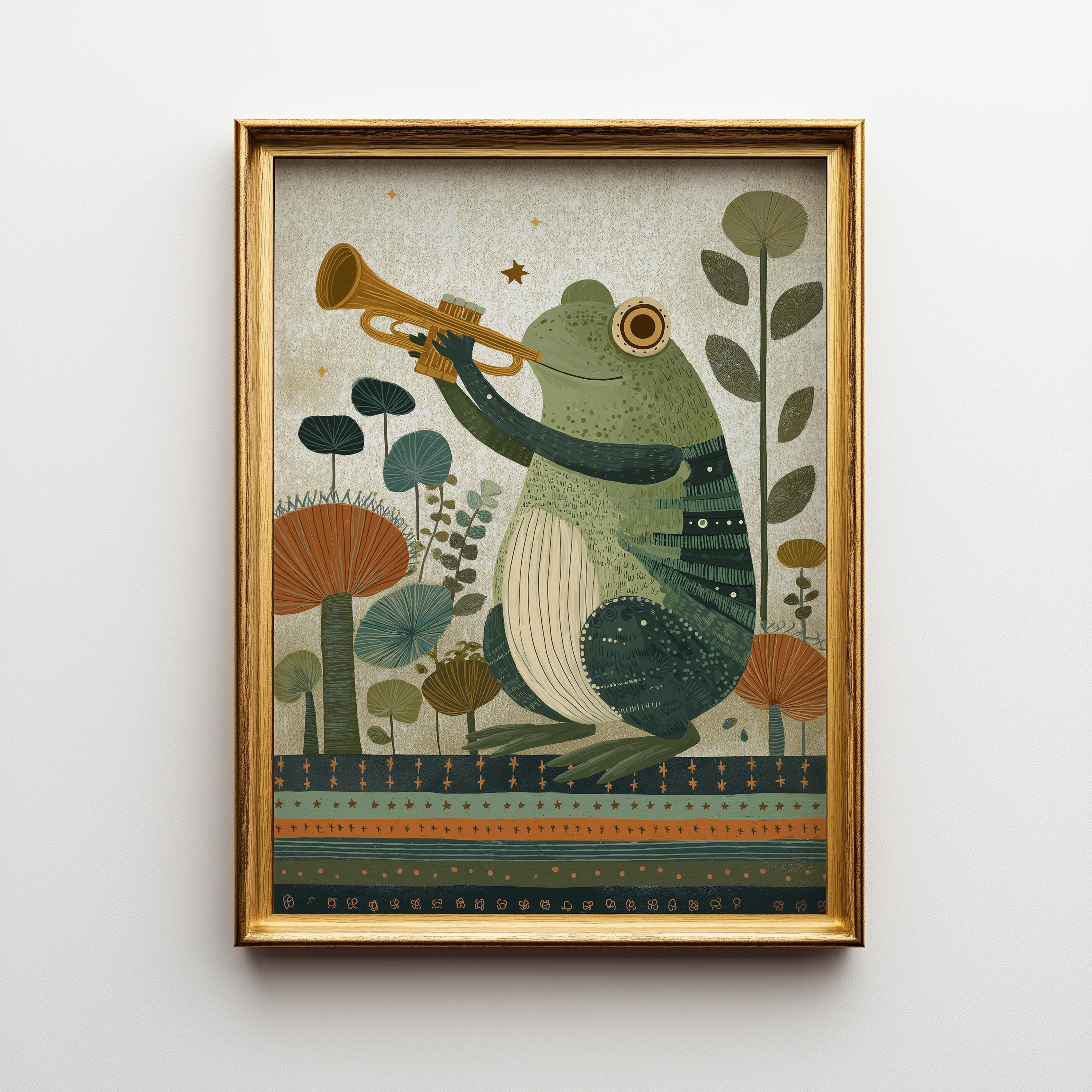 Whimsical Frog Music Kids Nursery Animal Playing Trumpet Wall Art by The Wall Art Studio