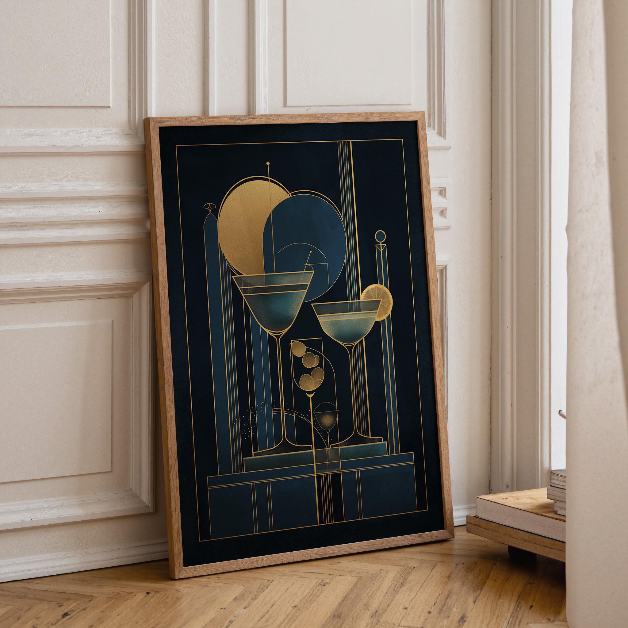 Art Deco Cocktail Wall Art Print, Minimalist Martini Illustration, Blue, Pink and Gold Bar Décor