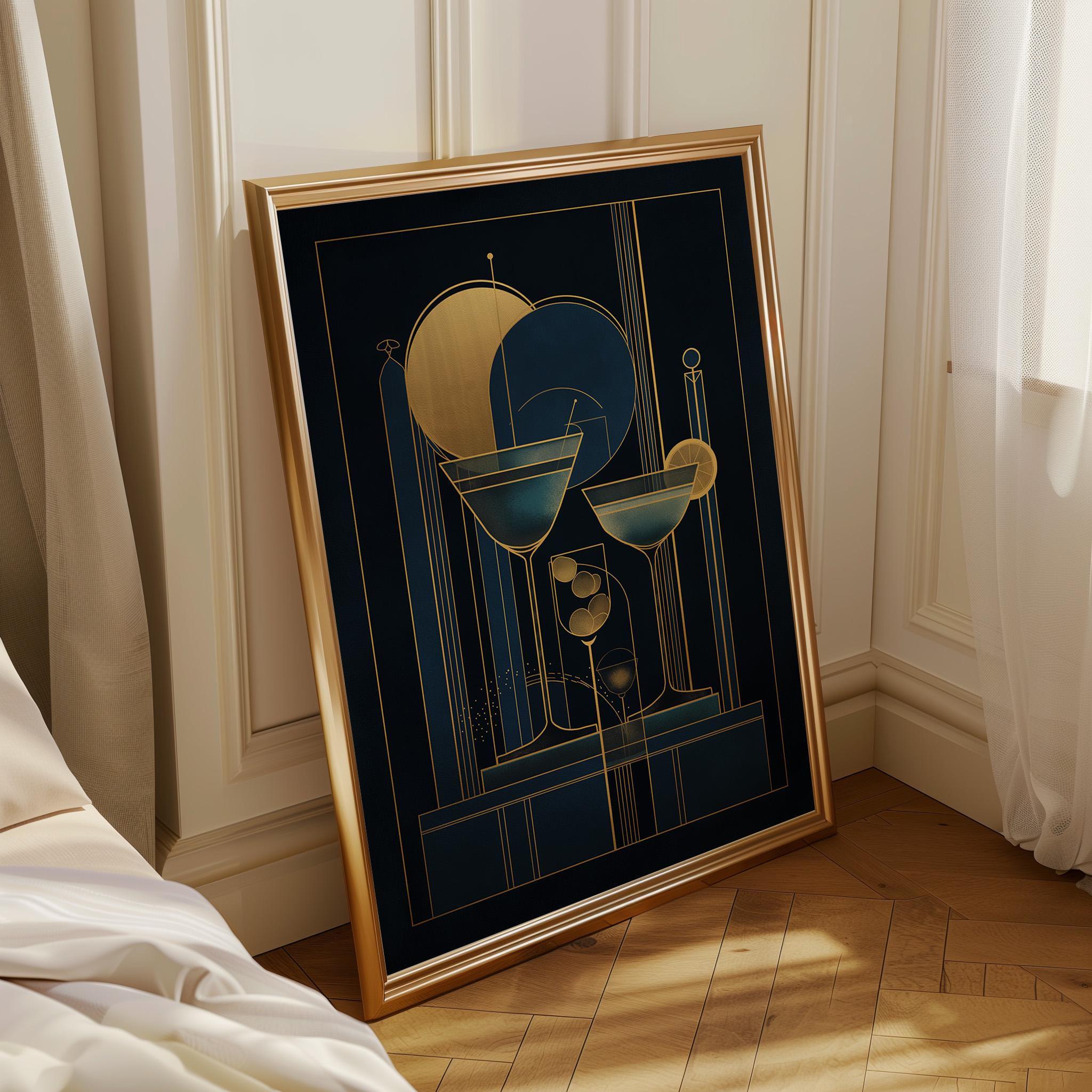 Art Deco Cocktail Wall Art Print, Minimalist Martini Illustration, Blue, Pink and Gold Bar Décor