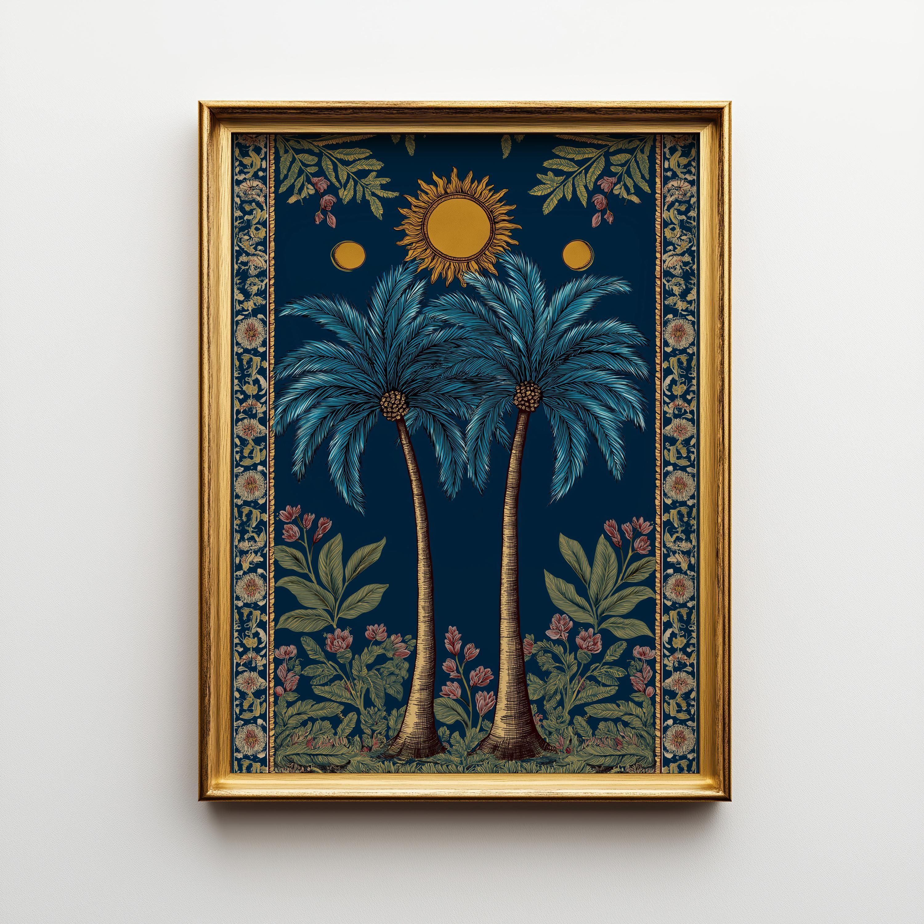 Palm Tree Sun Tropical Celestial Art Nouveau Wall Art by The Wall Art Studio