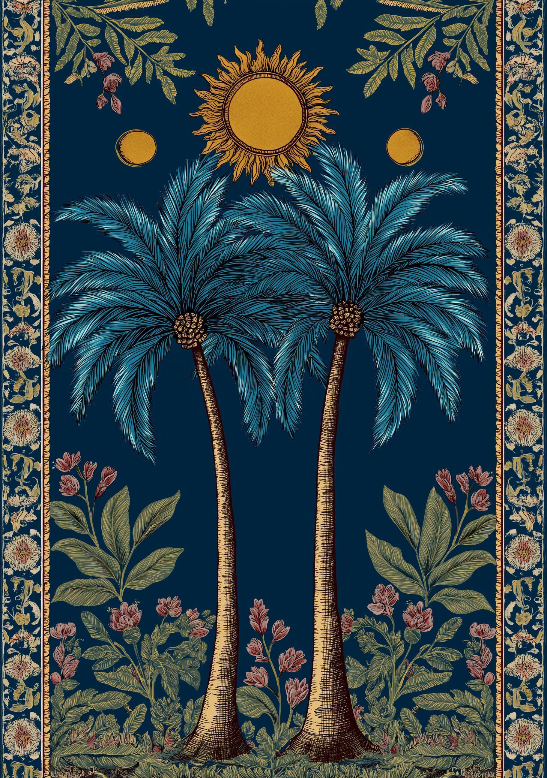 Palm Tree Sun Tropical Celestial Art Nouveau Wall Art by The Wall Art Studio