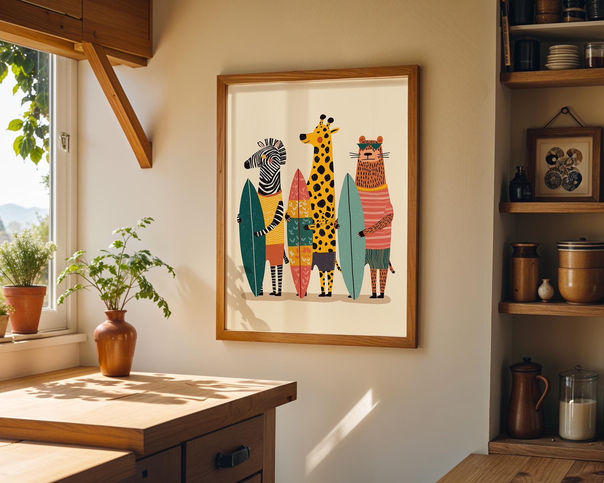Surfing Animals Boho Coastal Beach Tropical Decor Wall Art