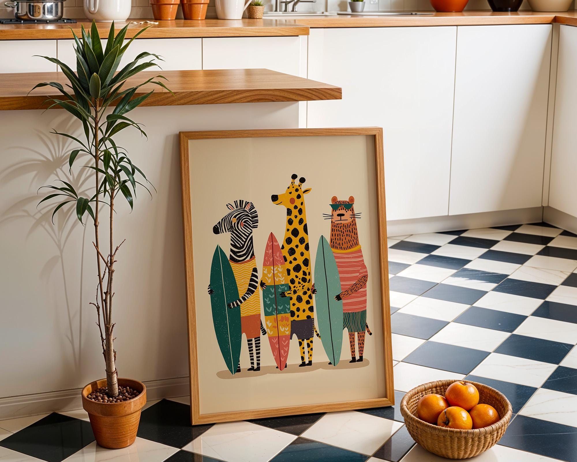 Surfing Animals Boho Coastal Beach Tropical Decor Wall Art