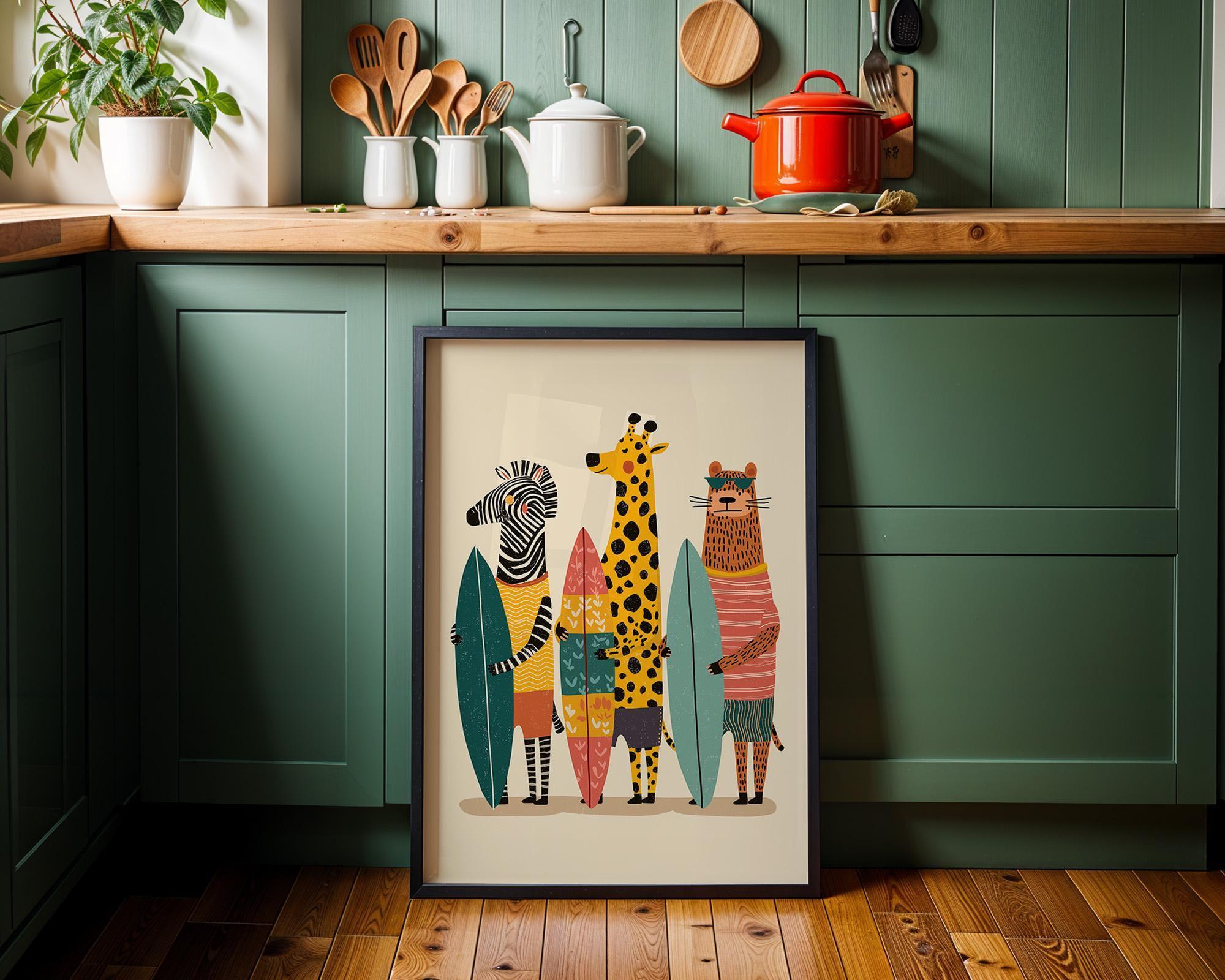 Surfing Animals Boho Coastal Beach Tropical Decor Wall Art