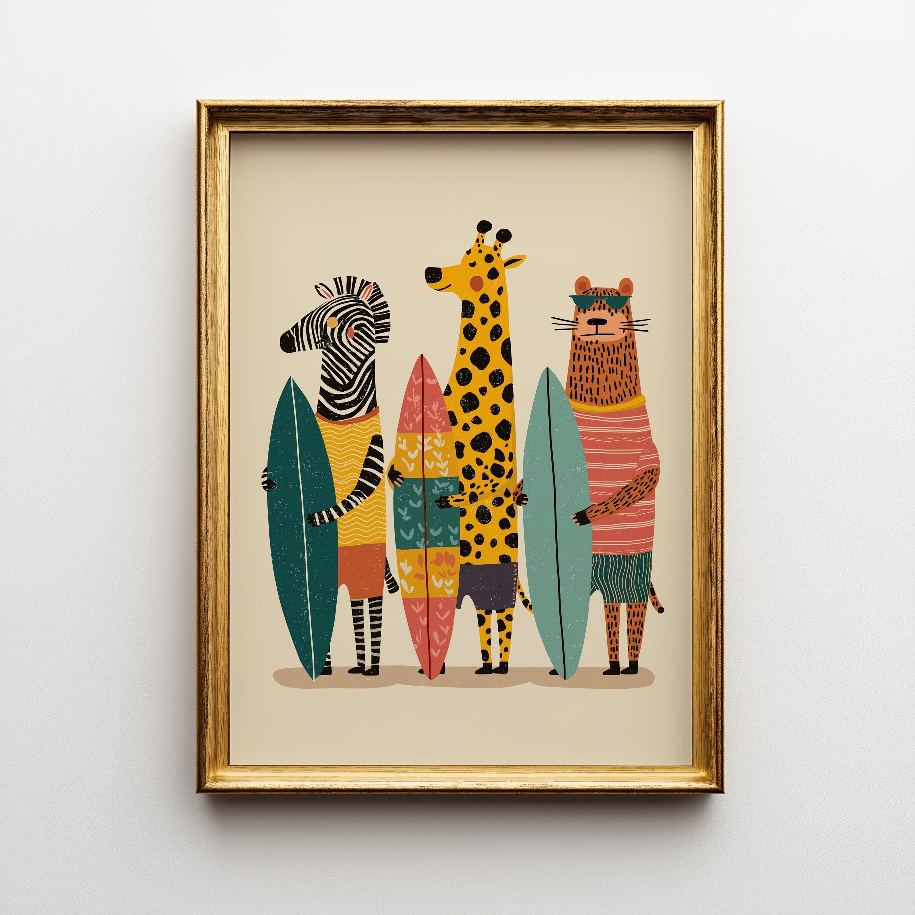 Surfing Animals Boho Coastal Beach Tropical Decor Wall Art