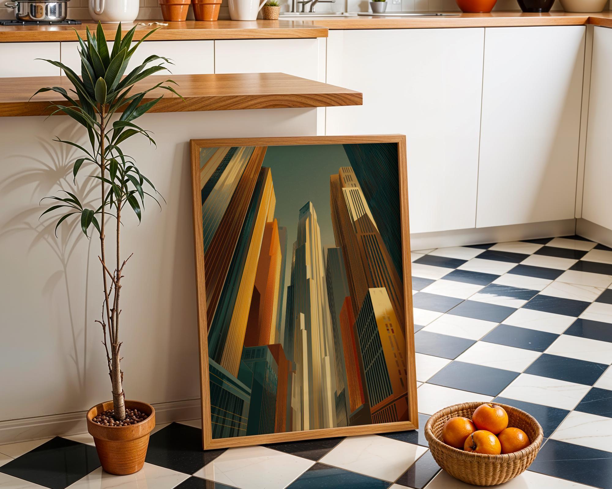 Art Deco Skyscraper Geometric Cityscape Gold & Teal Architecture Wall Art by The Wall Art Studio - physical
