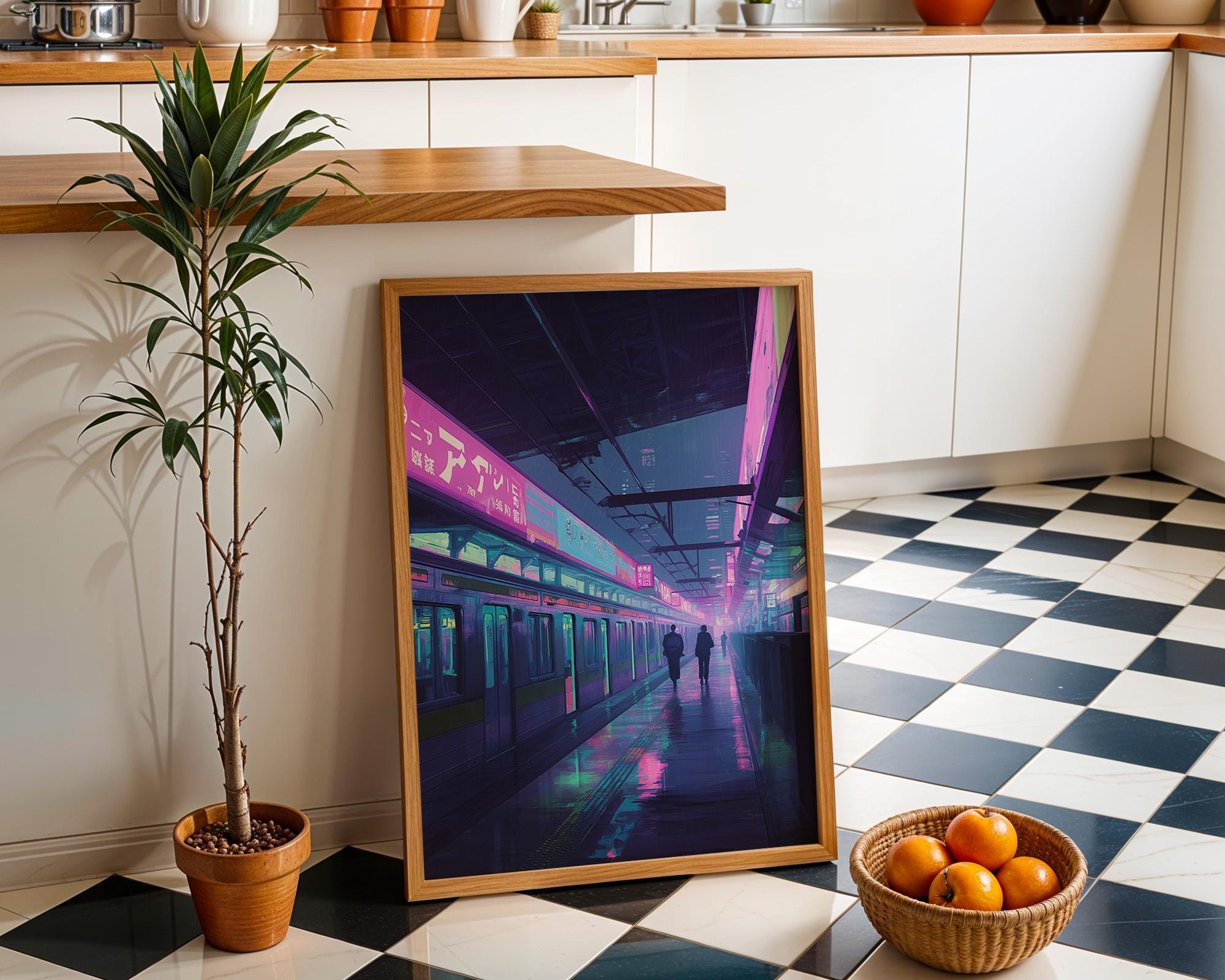 Neon Cyberpunk tokyo Metro Subway Platform Train Station Wall Art by The Wall Art Studio