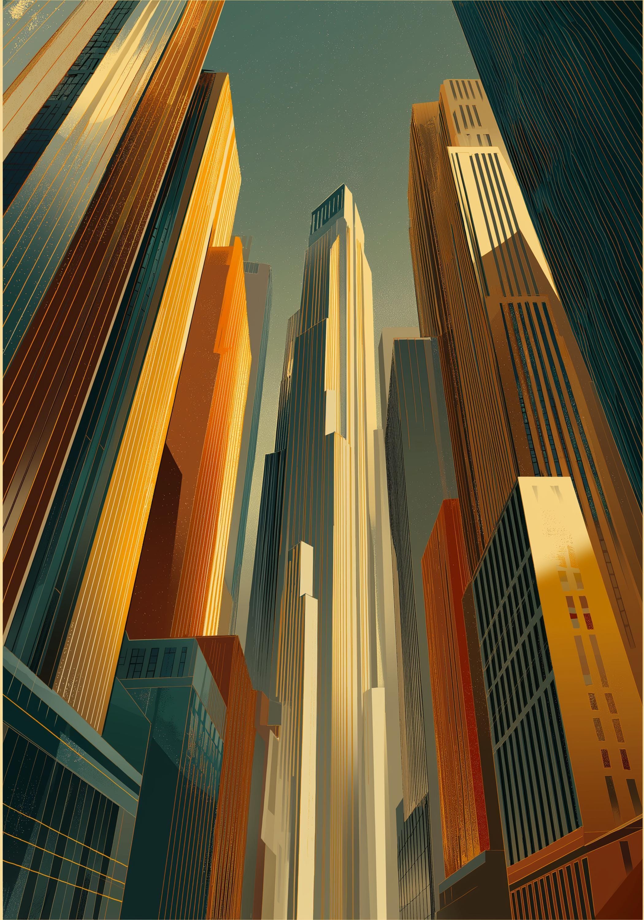 Art Deco Skyscraper Geometric Cityscape Gold & Teal Architecture Wall Art by The Wall Art Studio - physical