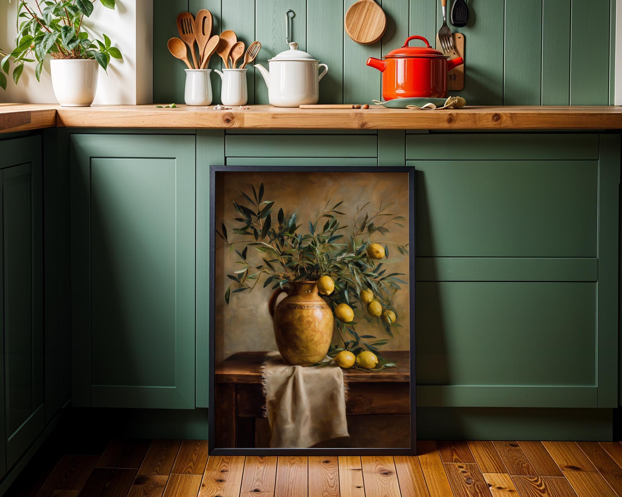 Mediterranean Still Life Olive Branch and Lemons Rustic Spanish Kitchen Wall Art