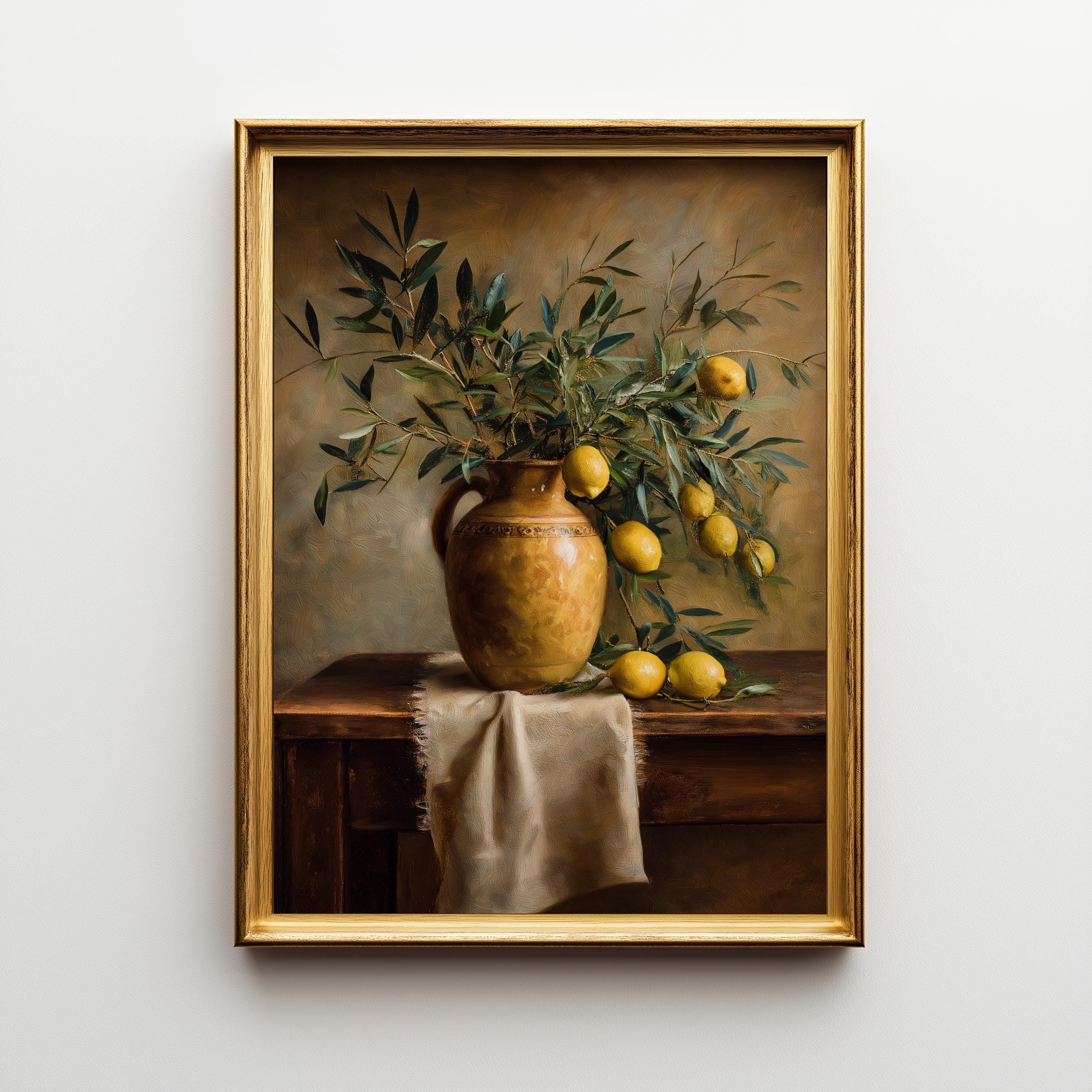 Mediterranean Still Life Olive Branch and Lemons Rustic Spanish Kitchen Wall Art