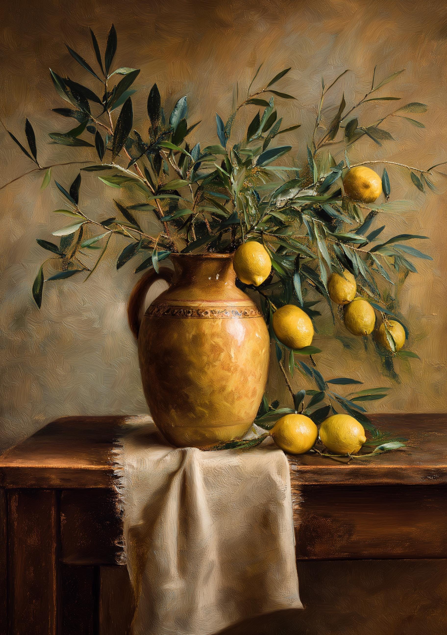 Mediterranean Still Life Olive Branch and Lemons Rustic Spanish Kitchen Wall Art