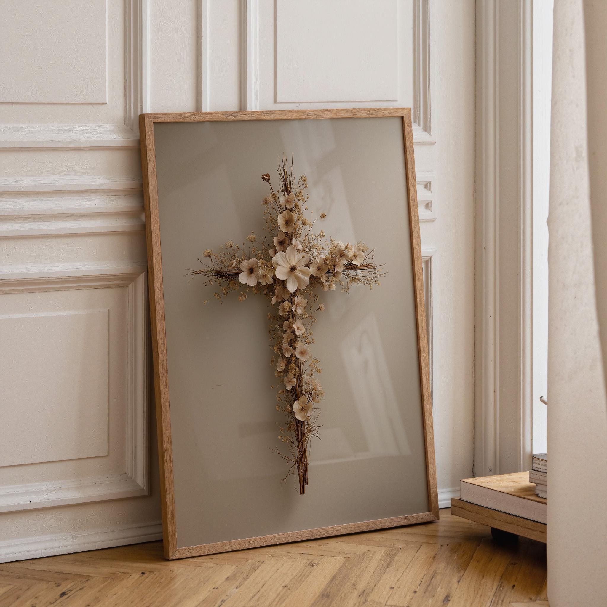 Floral Cross Neutral Faith, Minimalist Religious Rustic Farmhouse Wall Art by The Wall Art Studio