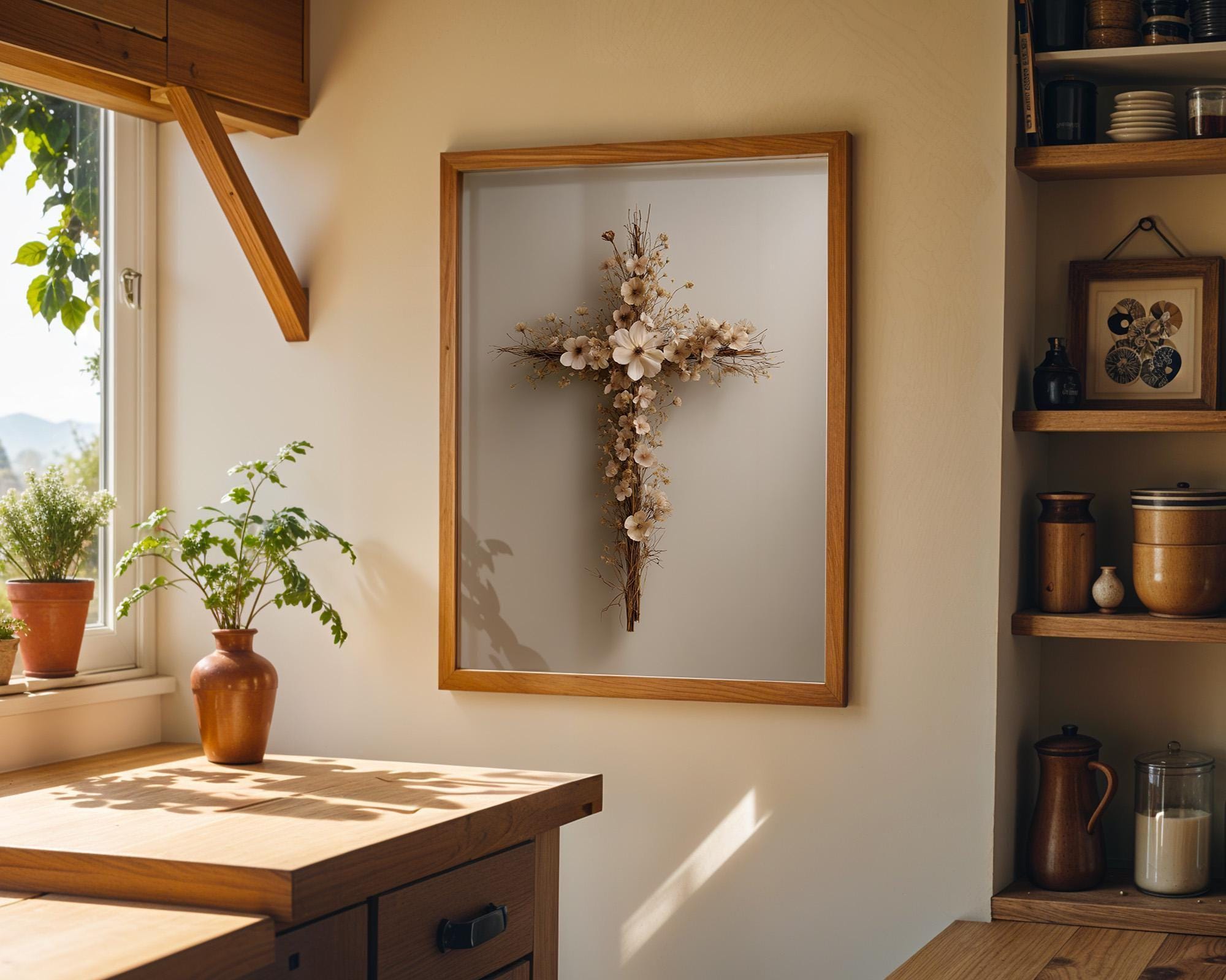 Floral Cross Neutral Faith, Minimalist Religious Rustic Farmhouse Wall Art by The Wall Art Studio