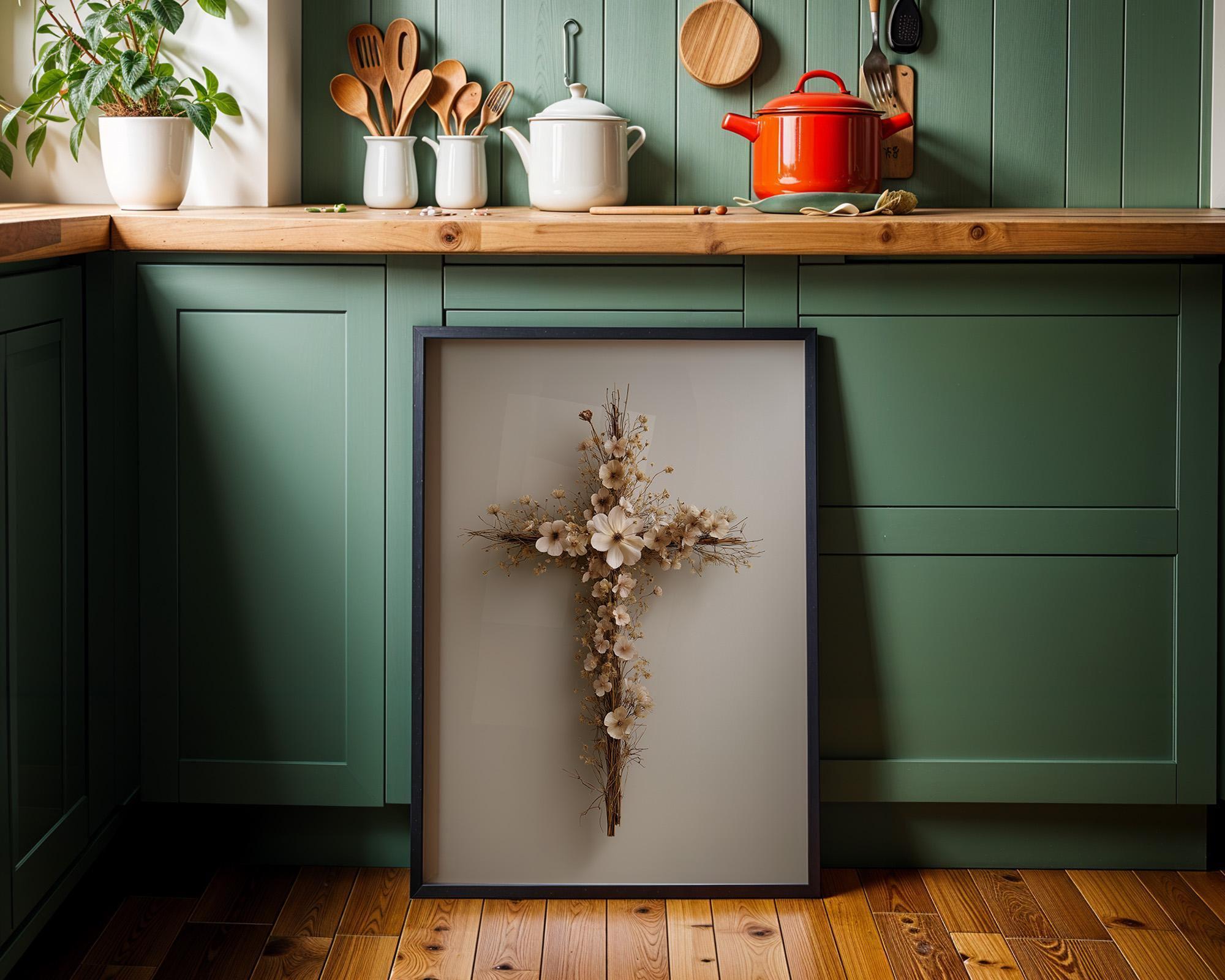 Floral Cross Neutral Faith, Minimalist Religious Rustic Farmhouse Wall Art by The Wall Art Studio