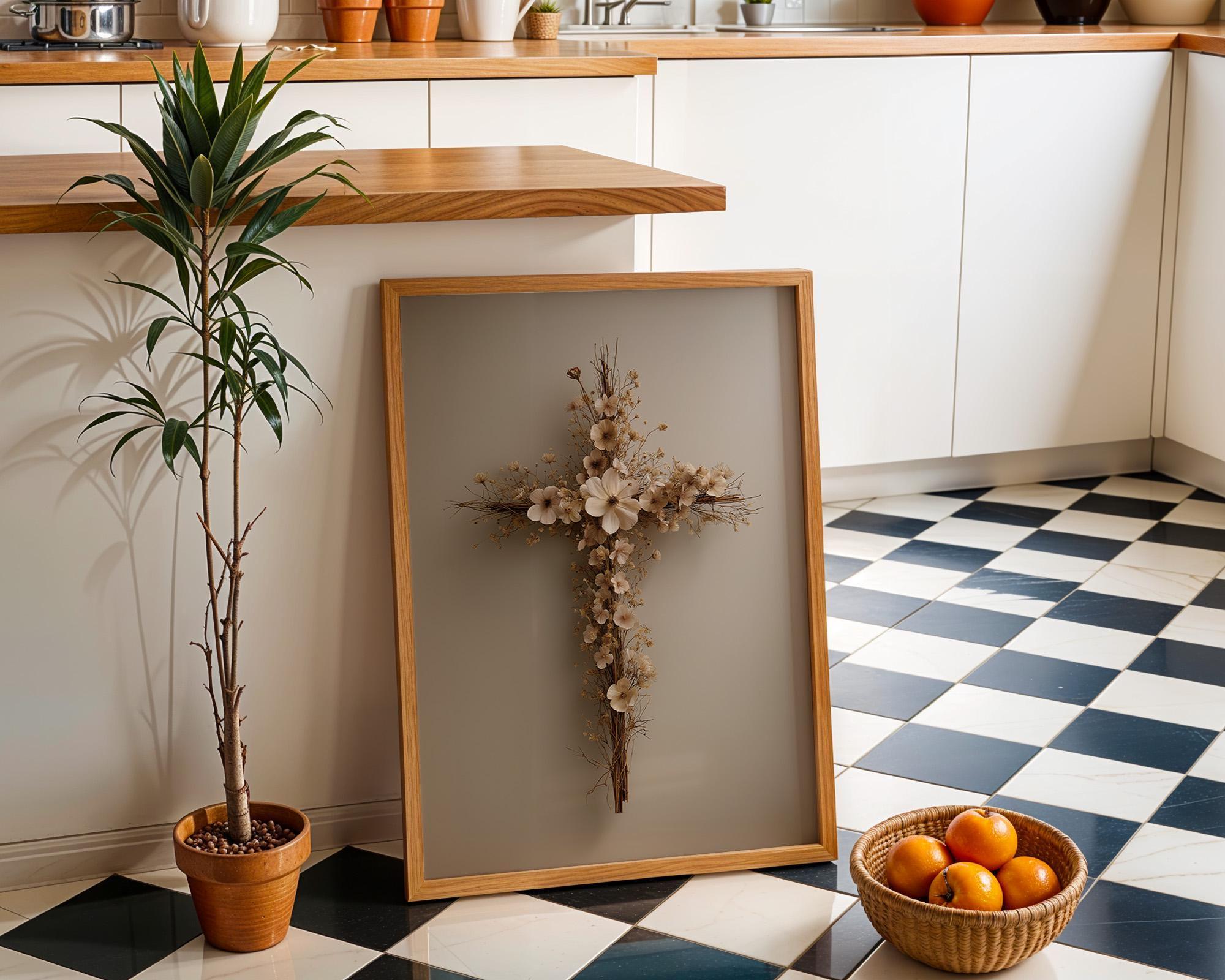 Floral Cross Neutral Faith, Minimalist Religious Rustic Farmhouse Wall Art by The Wall Art Studio