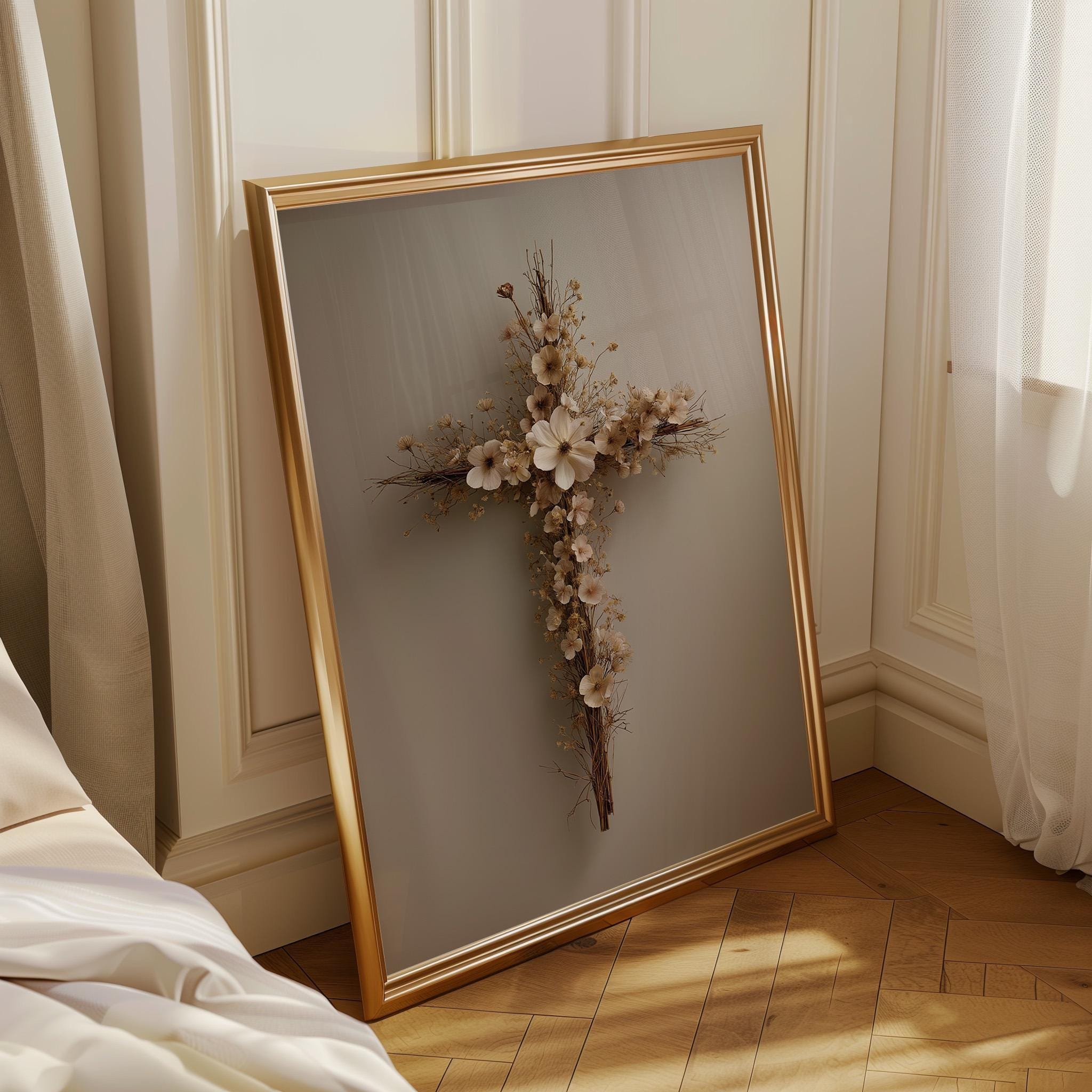 Floral Cross Neutral Faith, Minimalist Religious Rustic Farmhouse Wall Art by The Wall Art Studio