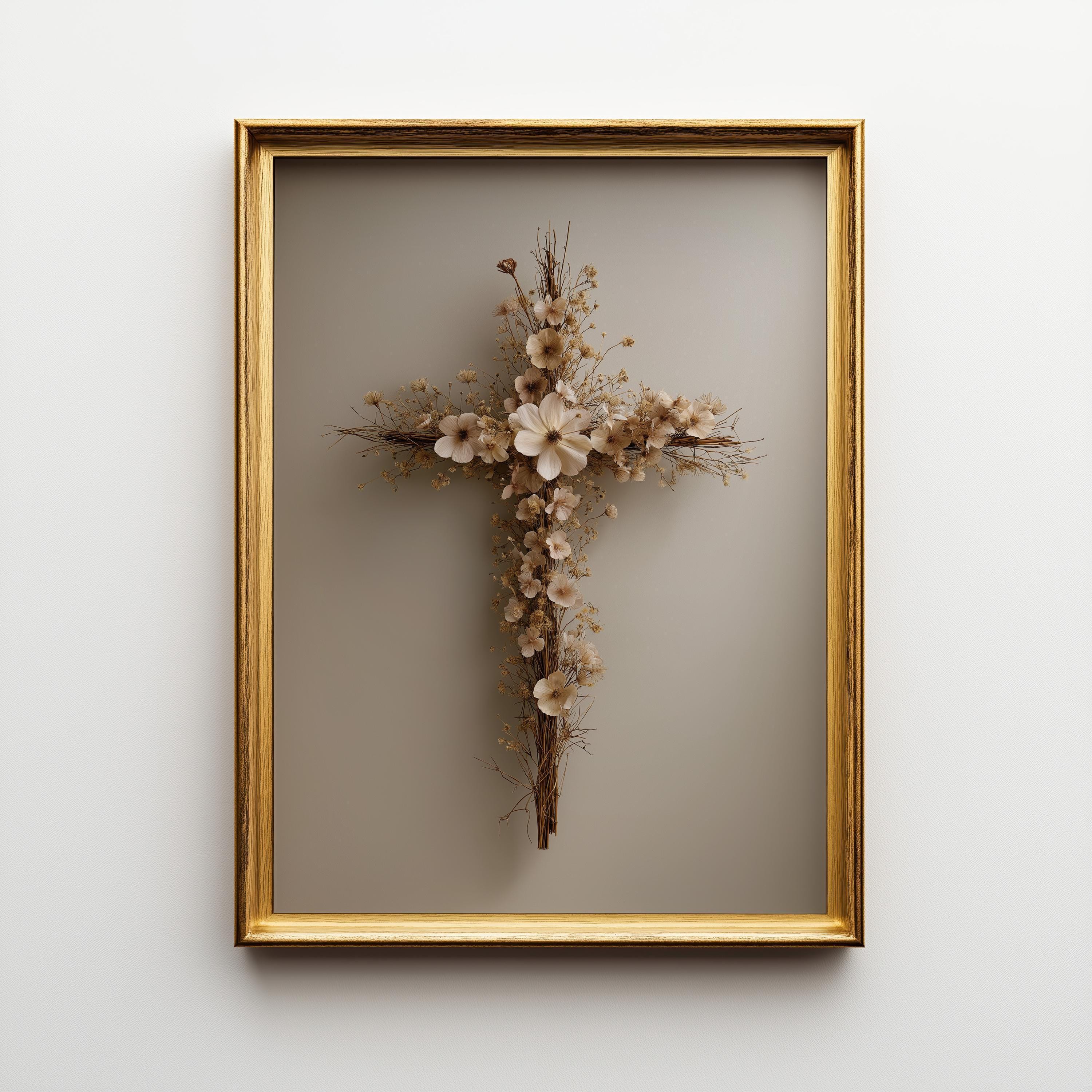 Floral Cross Neutral Faith, Minimalist Religious Rustic Farmhouse Wall Art by The Wall Art Studio