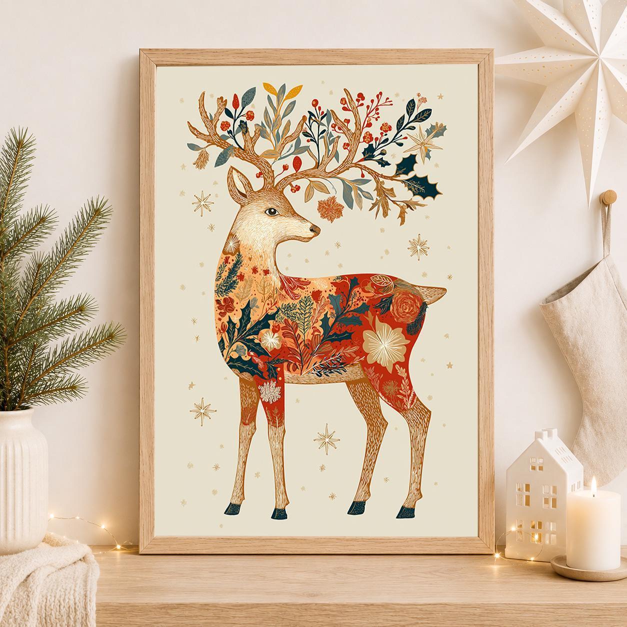 Folk Art Reindeer Scandinavian Woodland Christmas Wall Art by The Wall Art Studio