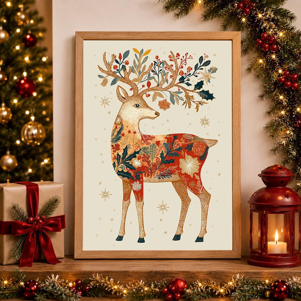 Folk Art Reindeer Scandinavian Woodland Christmas Wall Art by The Wall Art Studio