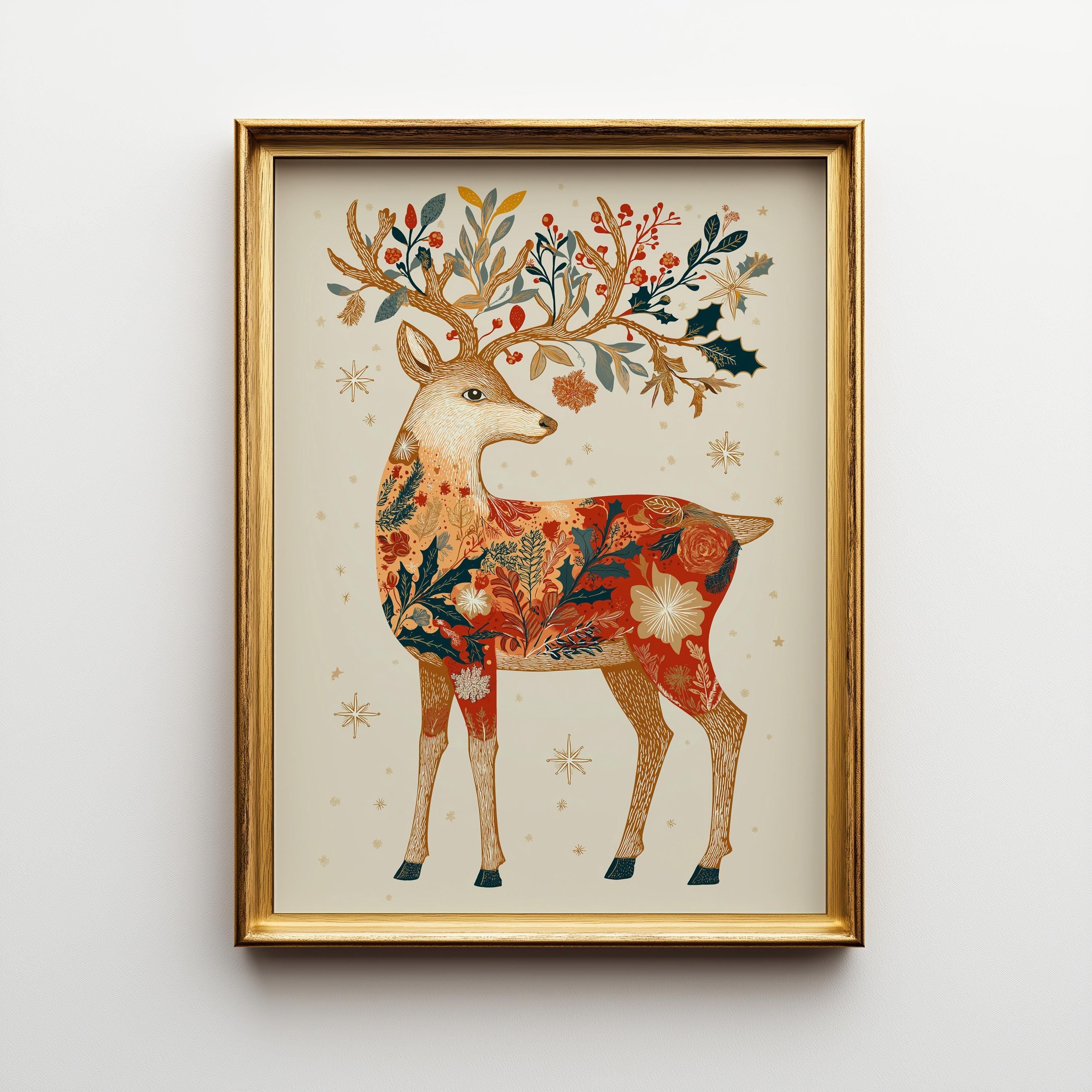 Folk Art Reindeer Scandinavian Woodland Christmas Wall Art by The Wall Art Studio