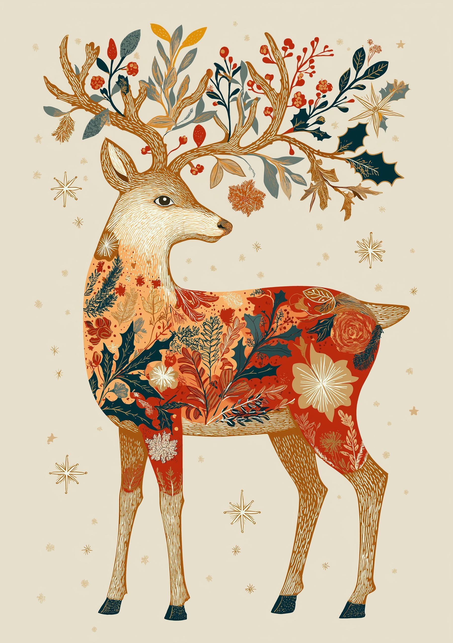 Folk Art Reindeer Scandinavian Woodland Christmas Wall Art by The Wall Art Studio