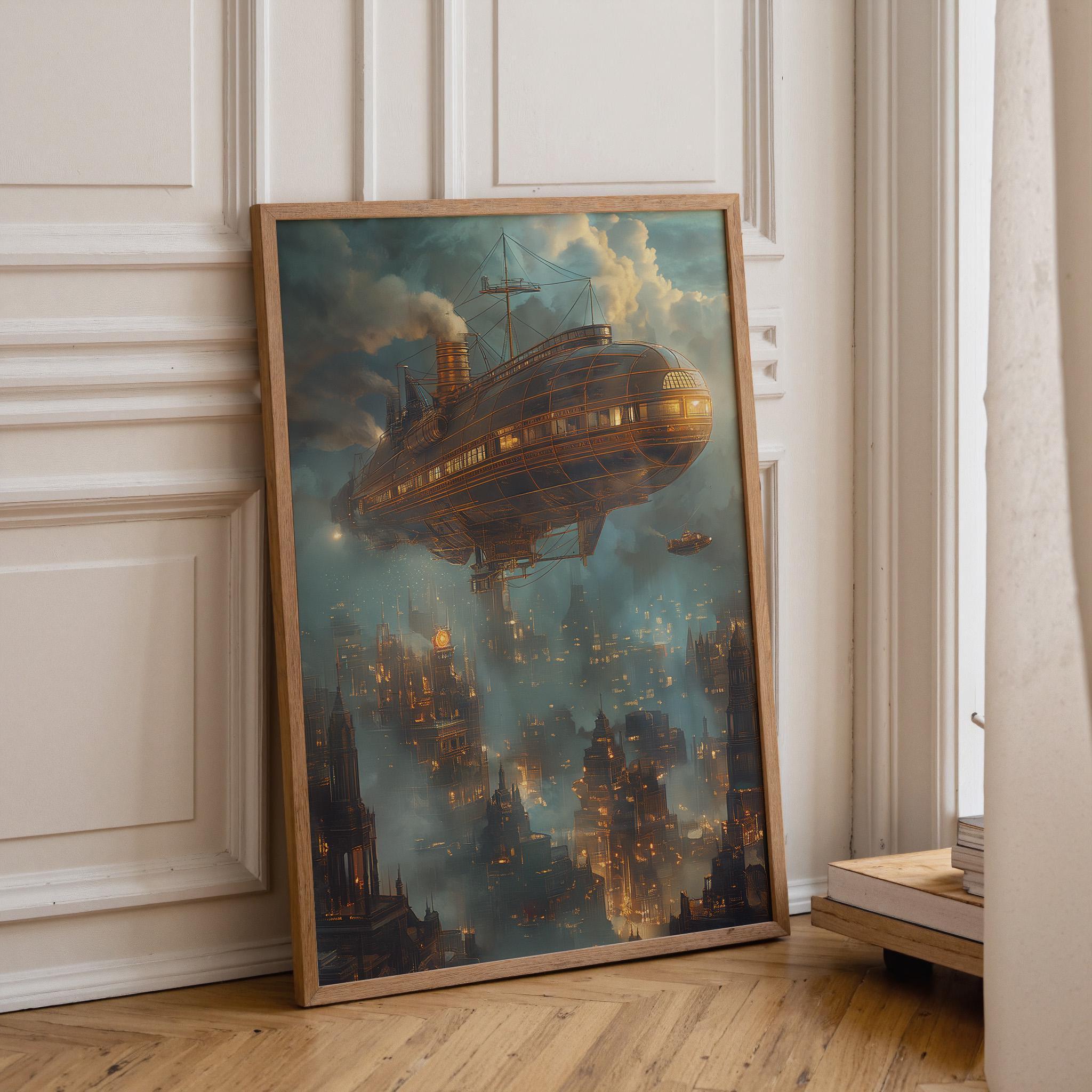 Steampunk Airship over Victorian City Wall Art by The Wall Art Studio