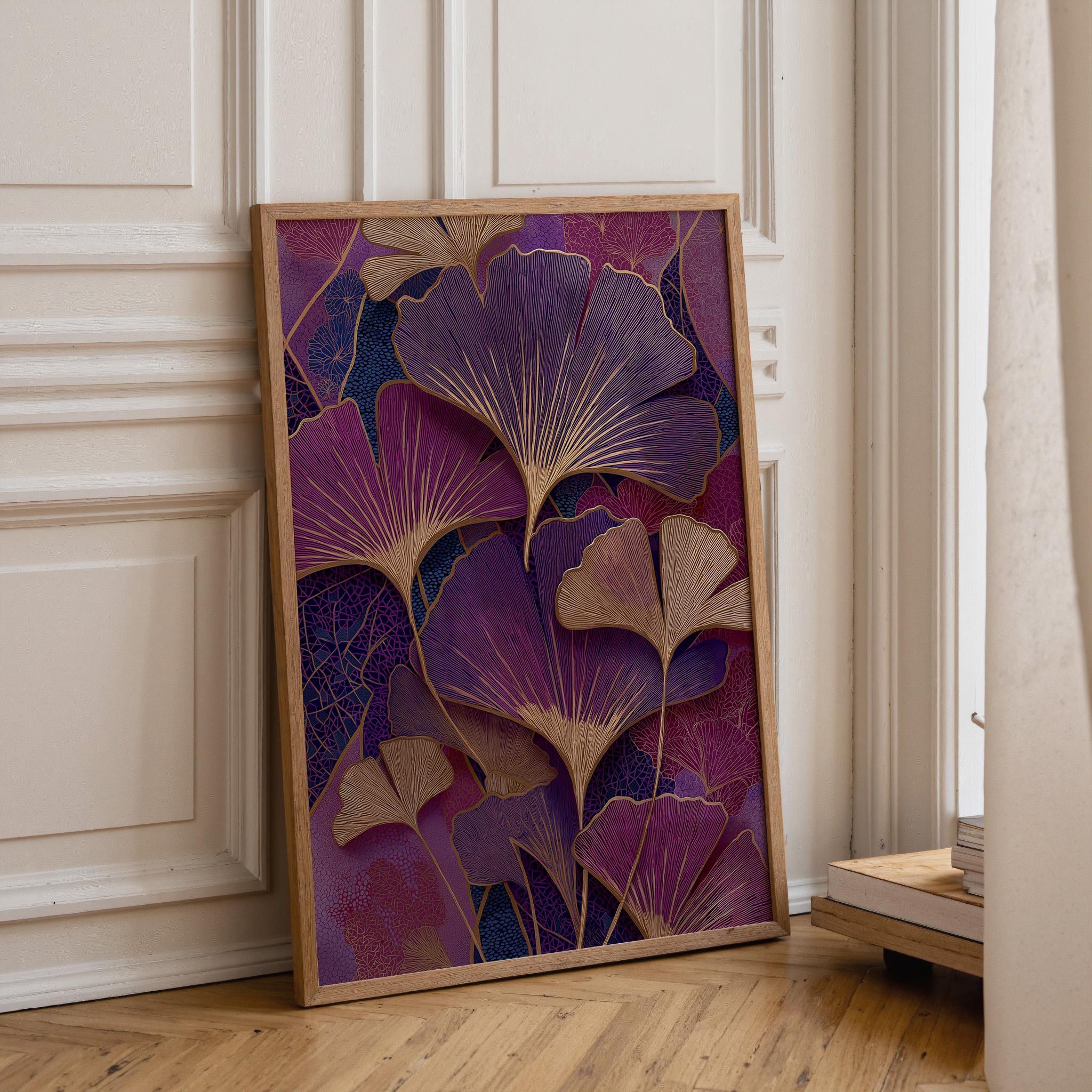 Purple Ginkgo Leaf Dark Maximalist Art Deco Wall Art by The Wall Art Studio - physical