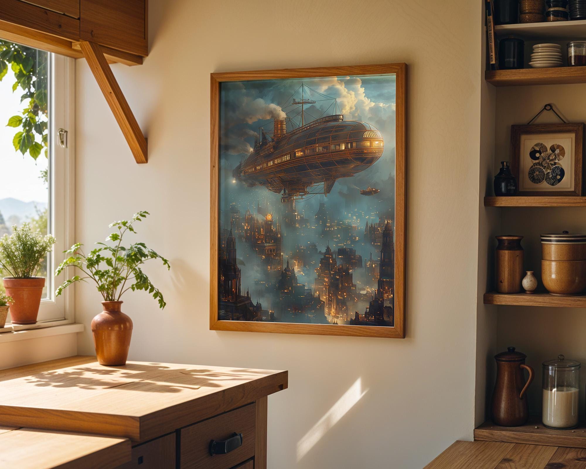 Steampunk Airship over Victorian City Wall Art by The Wall Art Studio