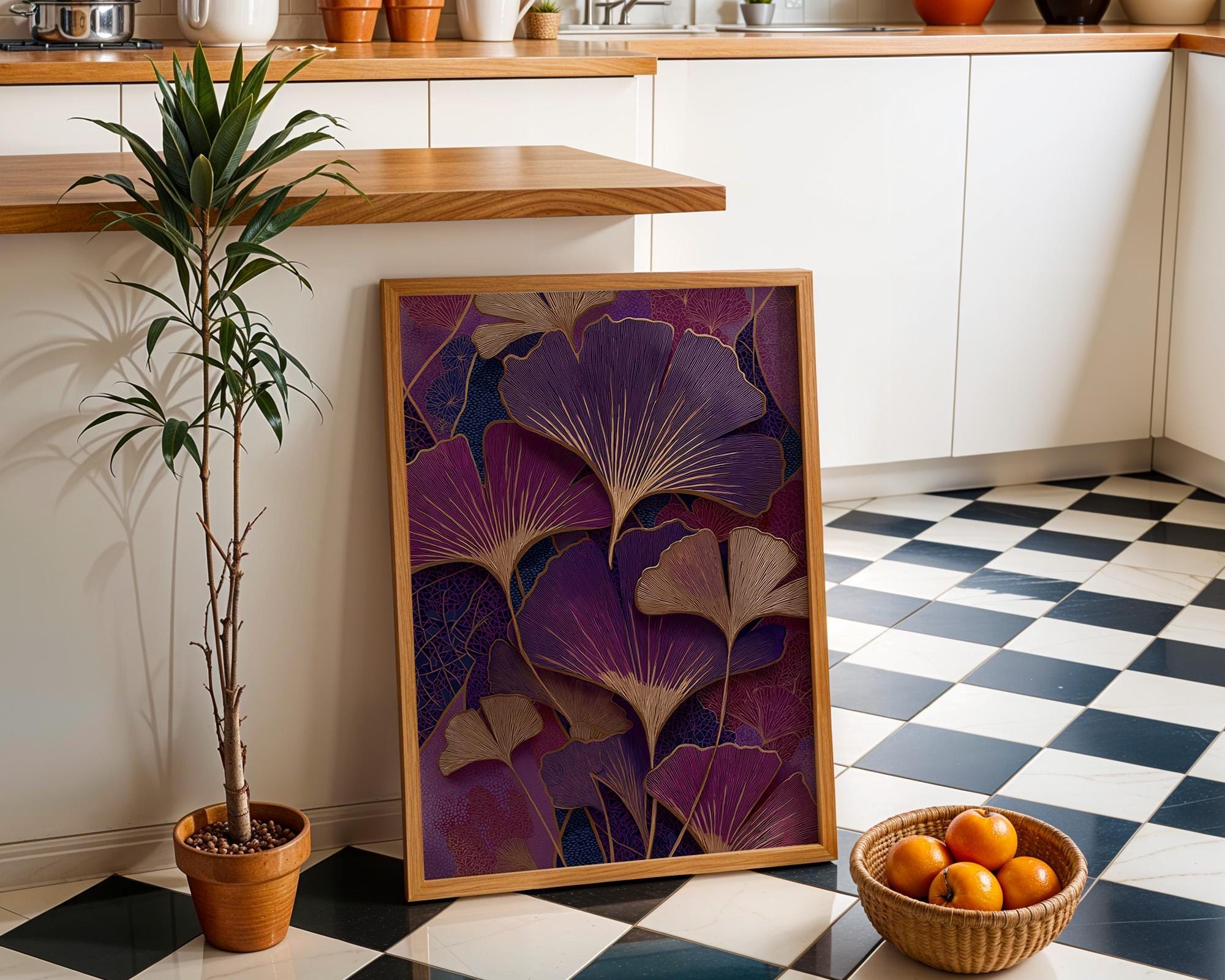 Purple Ginkgo Leaf Dark Maximalist Art Deco Wall Art by The Wall Art Studio - physical