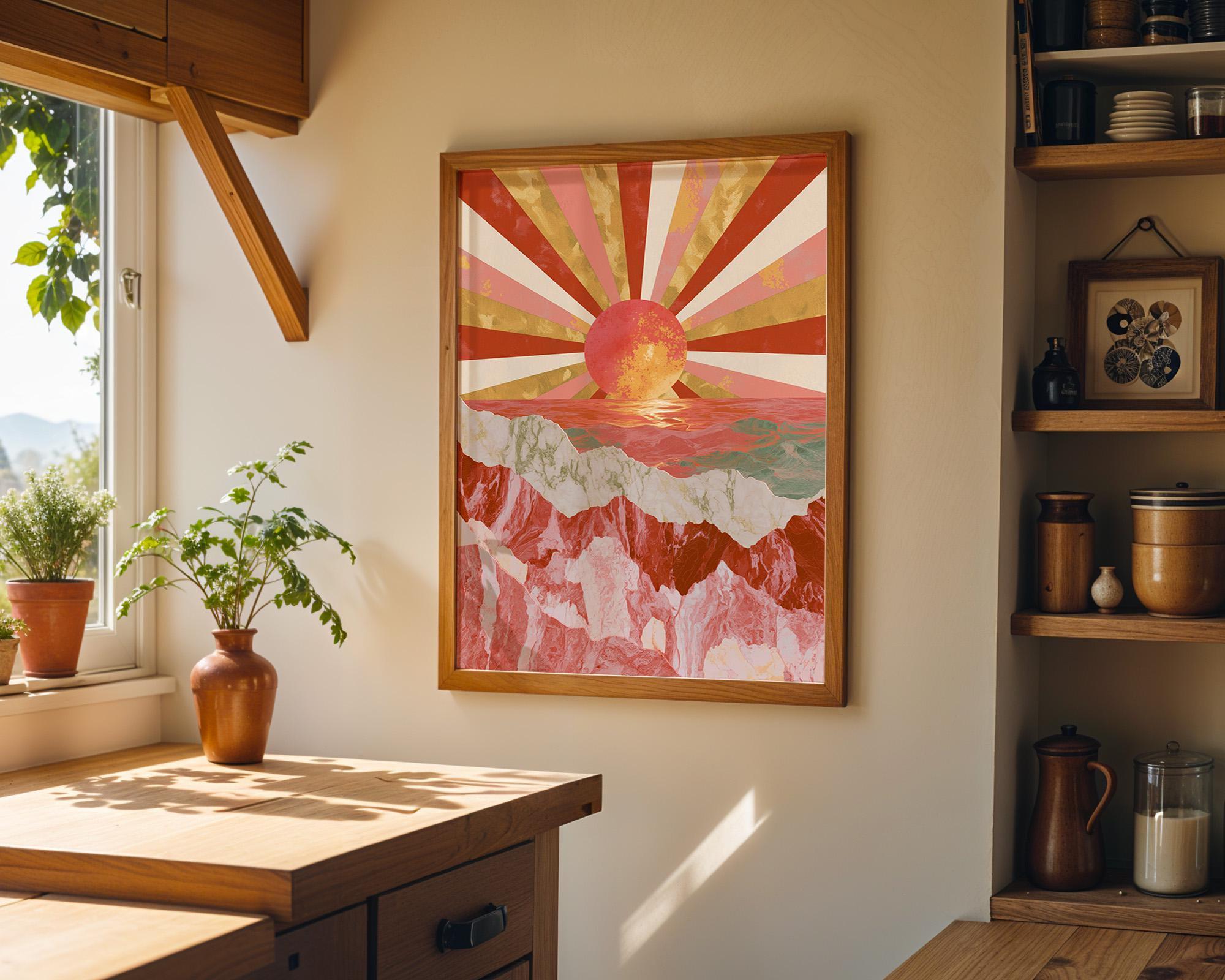 Art Deco Pink Retro Sunburst Landscape Geometric Sunset Wall Art by The Wall Art Studio