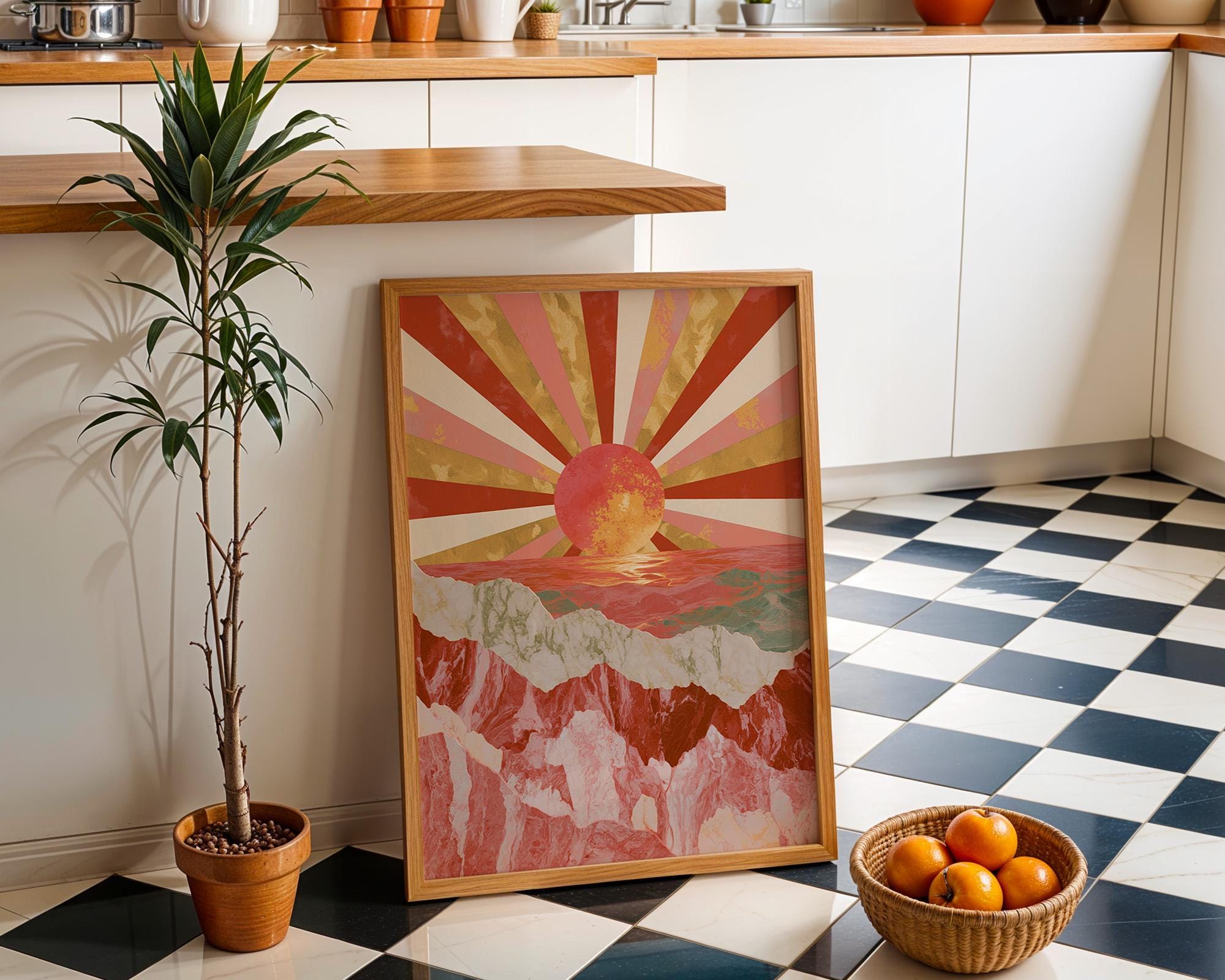 Art Deco Pink Retro Sunburst Landscape Geometric Sunset Wall Art by The Wall Art Studio
