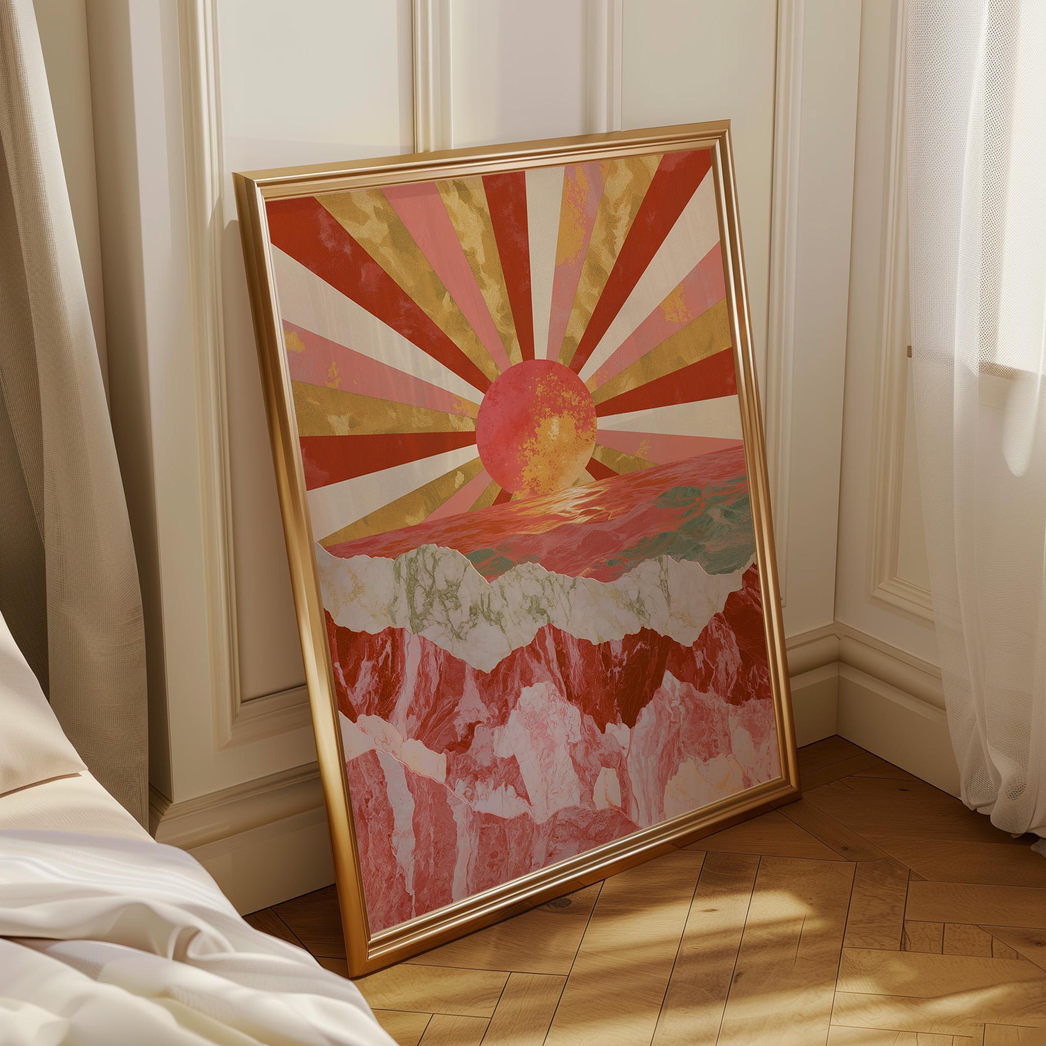Art Deco Pink Retro Sunburst Landscape Geometric Sunset Wall Art by The Wall Art Studio