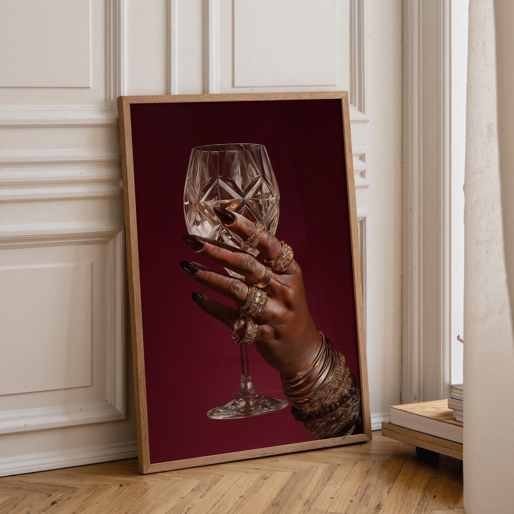 Black Power Wall Art – Luxury Afrocentric Still Life with Wine Glass & Gold Jewellery, Bold Black Excellence Décor