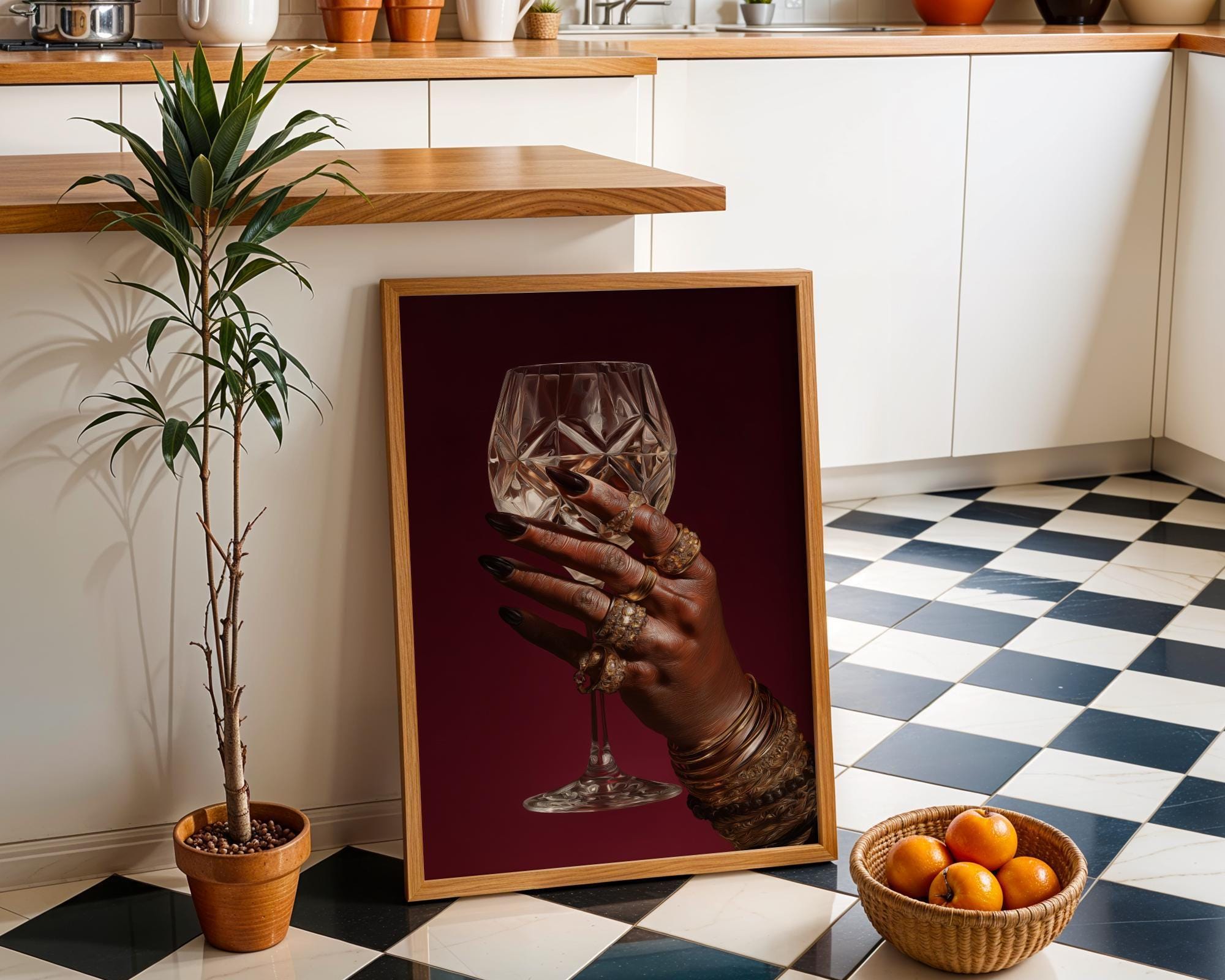 Black Power Wall Art – Luxury Afrocentric Still Life with Wine Glass & Gold Jewellery, Bold Black Excellence Décor