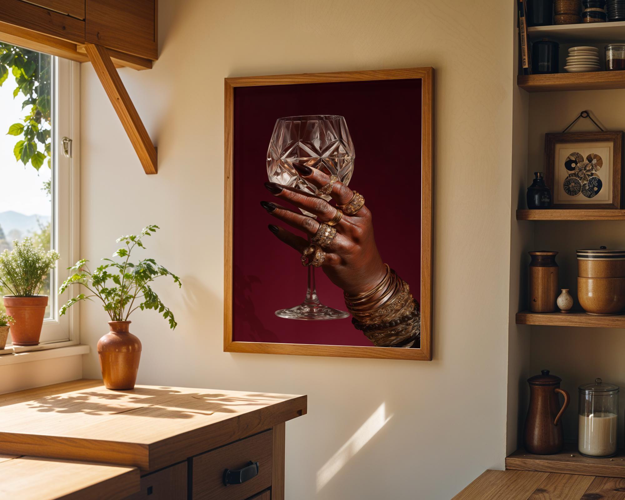 Black Power Wall Art – Luxury Afrocentric Still Life with Wine Glass & Gold Jewellery, Bold Black Excellence Décor