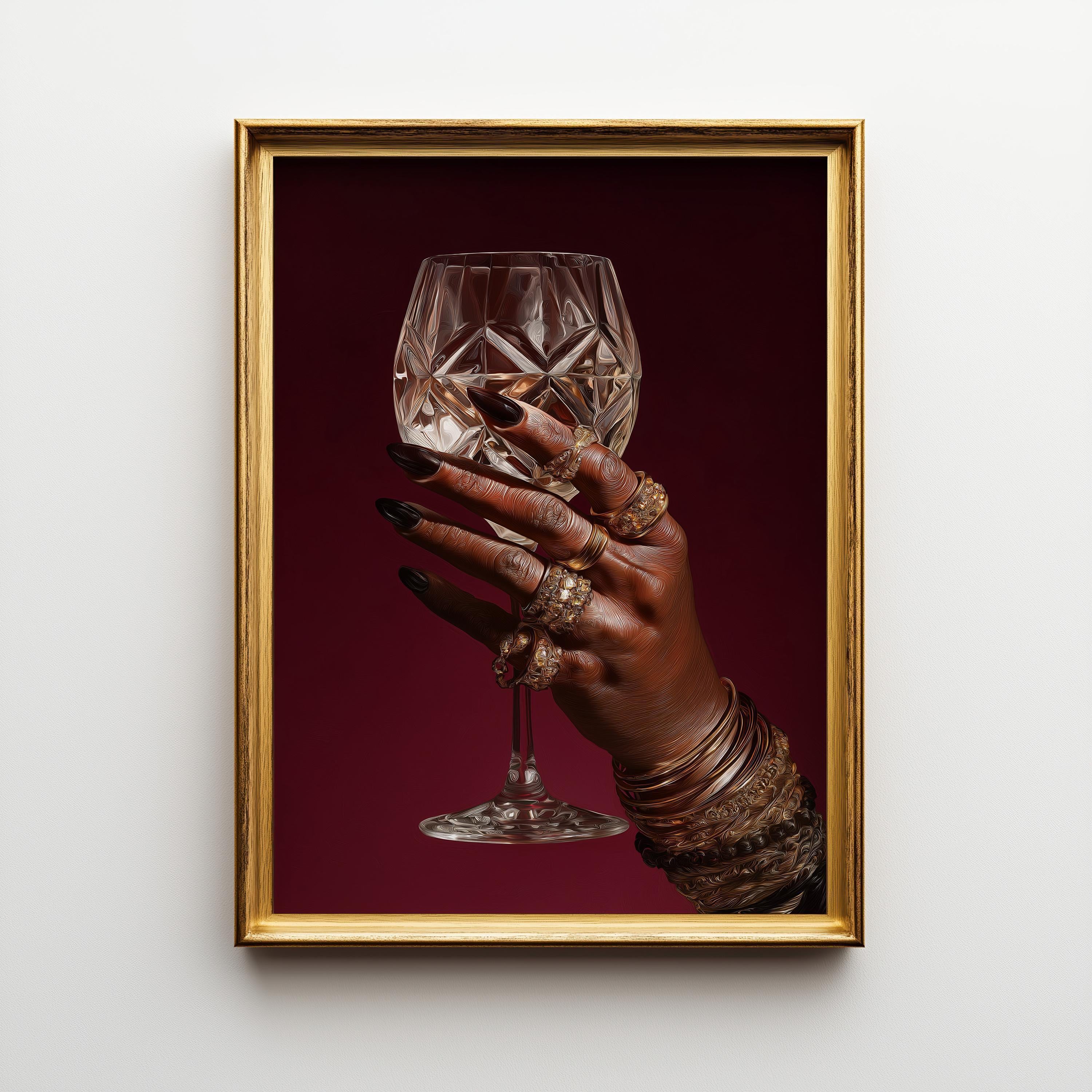 Black Power Wall Art – Luxury Afrocentric Still Life with Wine Glass & Gold Jewellery, Bold Black Excellence Décor
