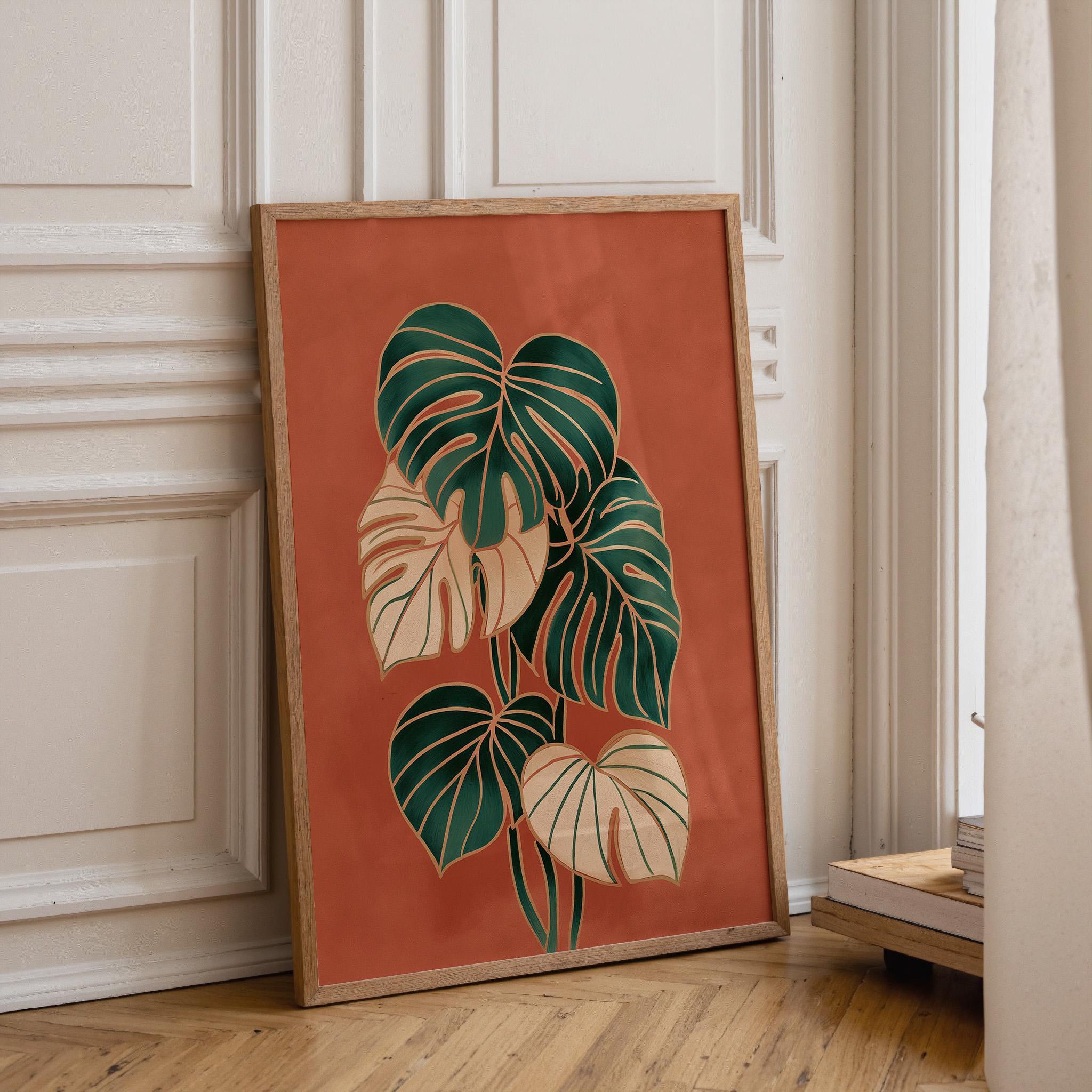 Monstera Leaf Terracotta Tropical Plant Mid Century Wall Art by The Wall Art Studio