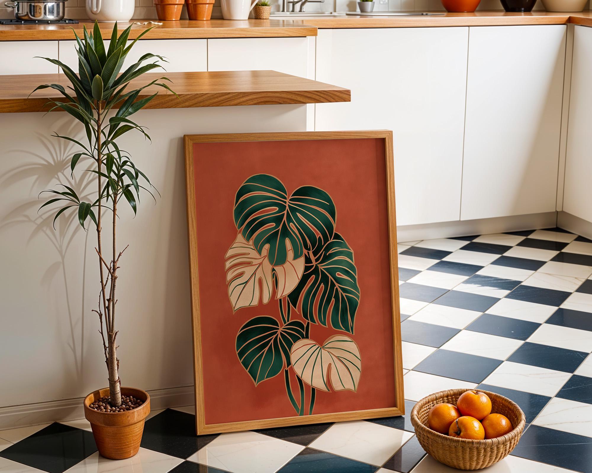 Monstera Leaf Terracotta Tropical Plant Mid Century Wall Art by The Wall Art Studio