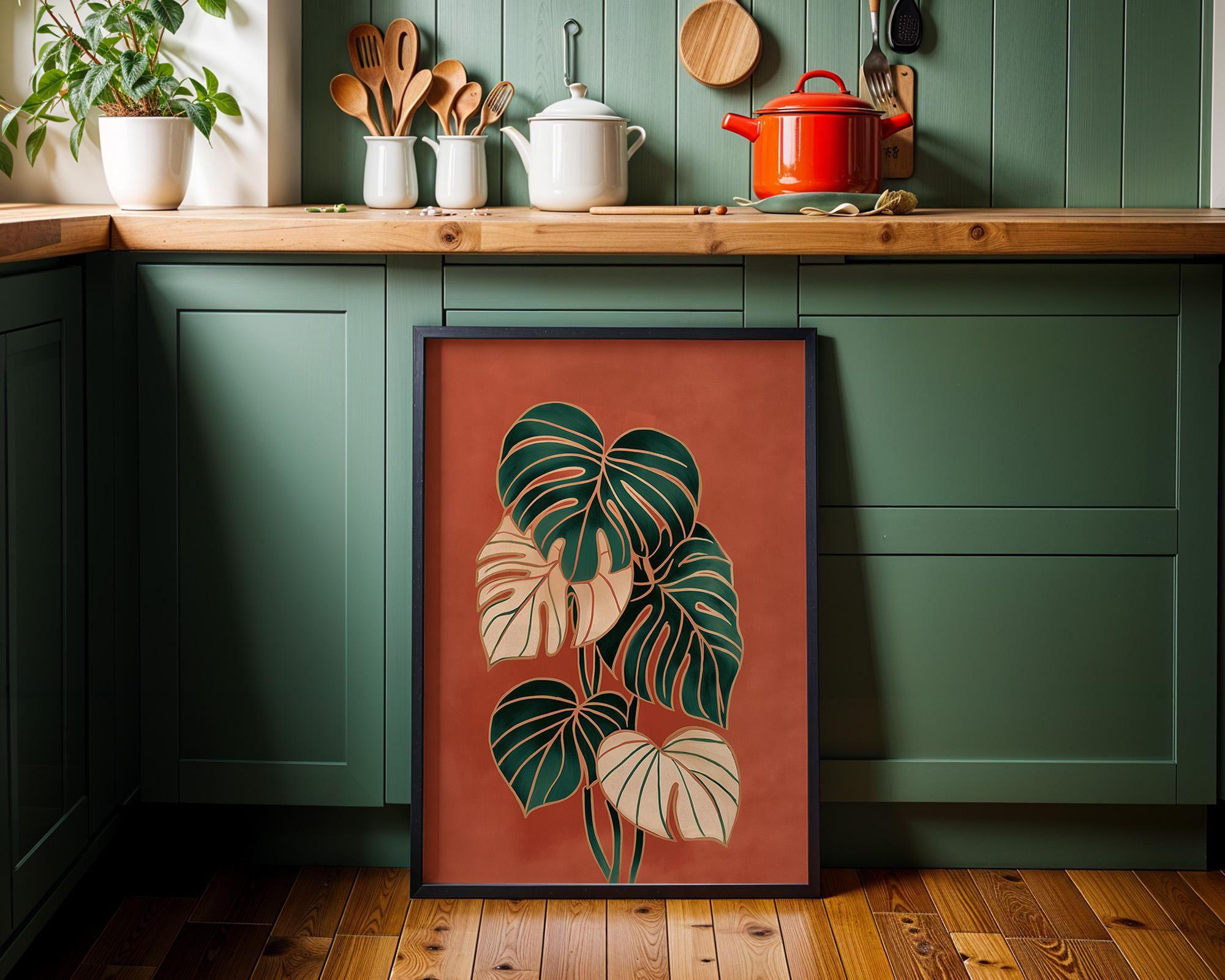 Monstera Leaf Terracotta Tropical Plant Mid Century Wall Art by The Wall Art Studio