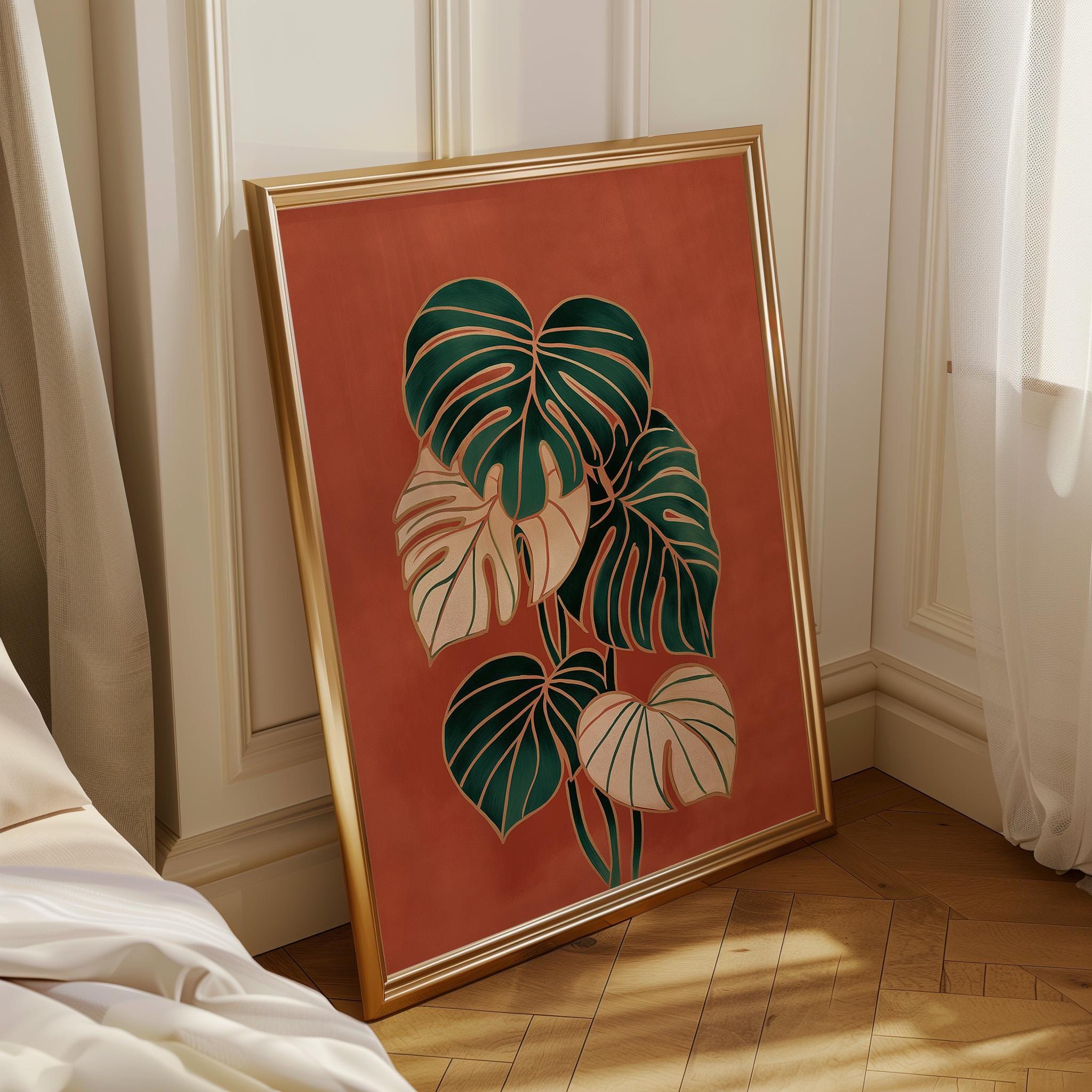 Monstera Leaf Terracotta Tropical Plant Mid Century Wall Art by The Wall Art Studio