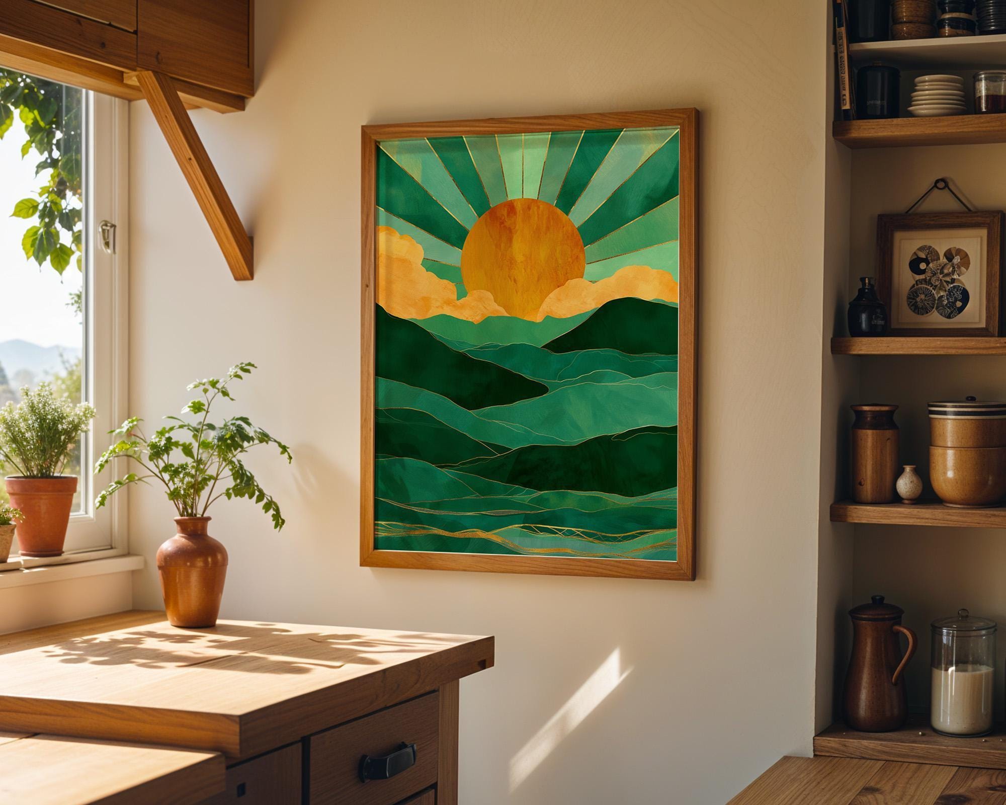 Emerald Green Mountain Sunrise Art Deco Landscape Wall Art by The Wall Art Studio