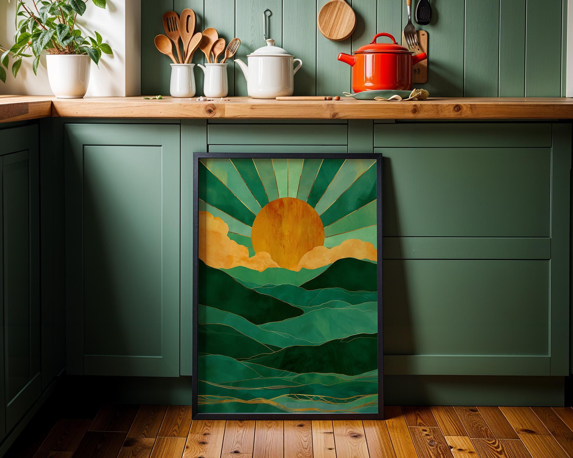 Emerald Green Mountain Sunrise Art Deco Landscape Wall Art by The Wall Art Studio