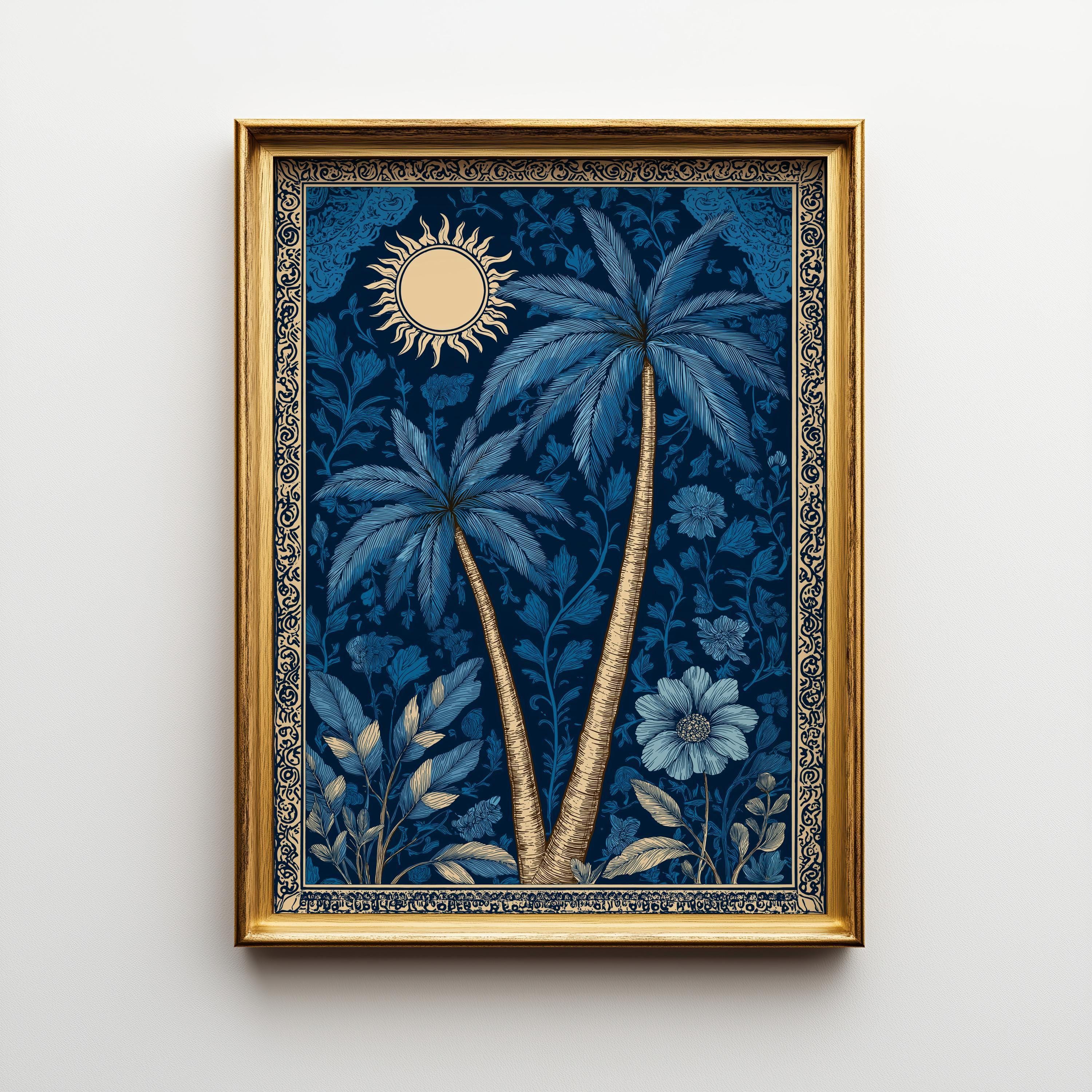 Palm Tree Sun Tropical Celestial Art Nouveau Botanical Wall Art by The Wall Art Studio